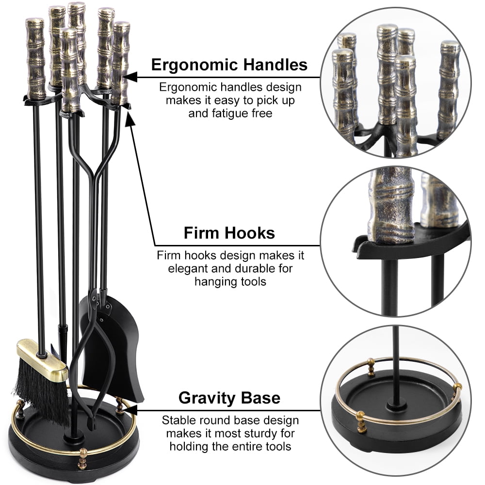Amagabeli 30in Fireplace Tools Set Brass Handle 5Pieces Wrought Iron Indoor Fireset Stand Wood Log Holder Outdoor Fire Pit Hearth Accessories Kit Antique Fire Tongs Shovel Brush Chimney Poker Tool Set - Image 7
