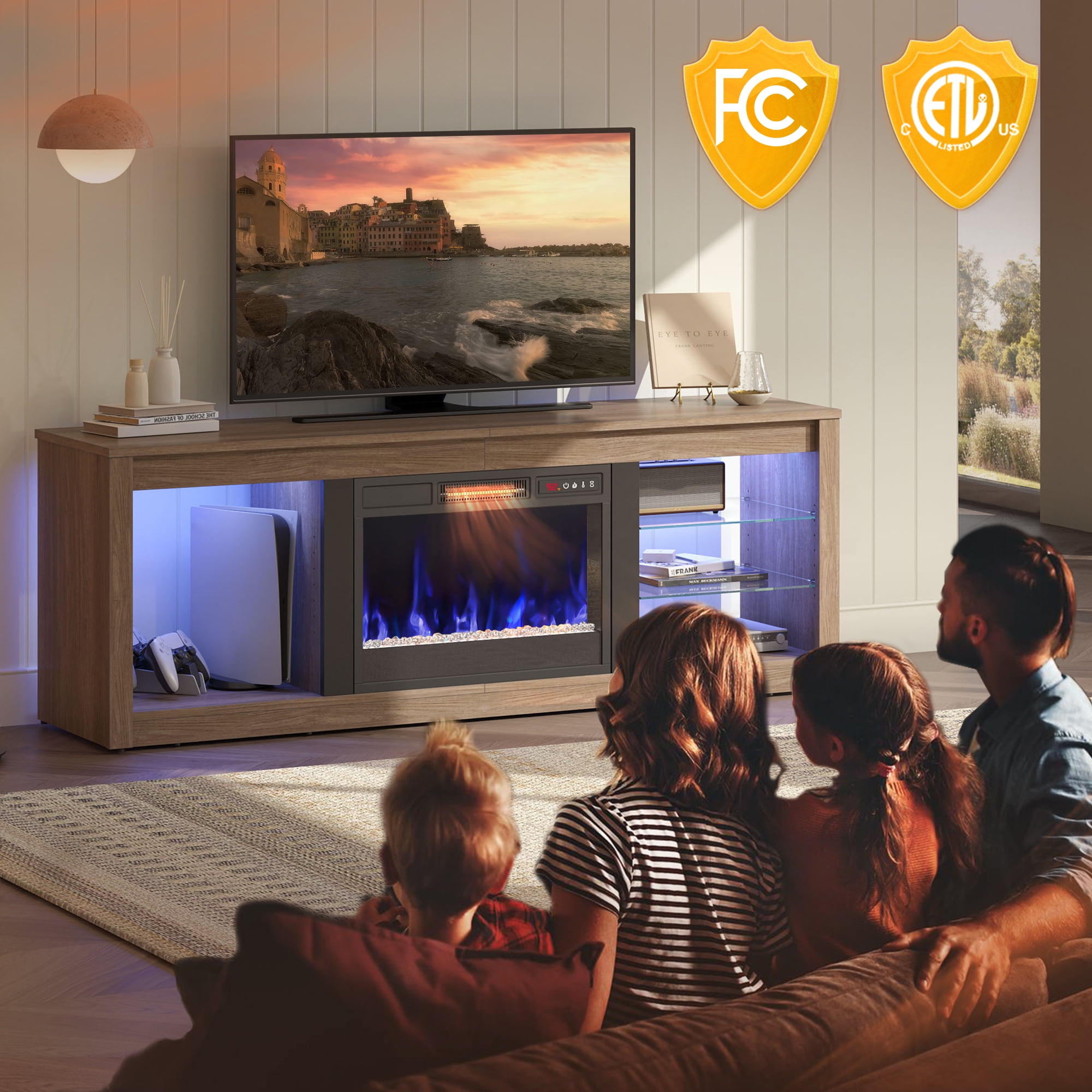 Bestier Modern Electric 7 Color LED Fireplace TV Stand for TVs up to 70", Pine - Image 3