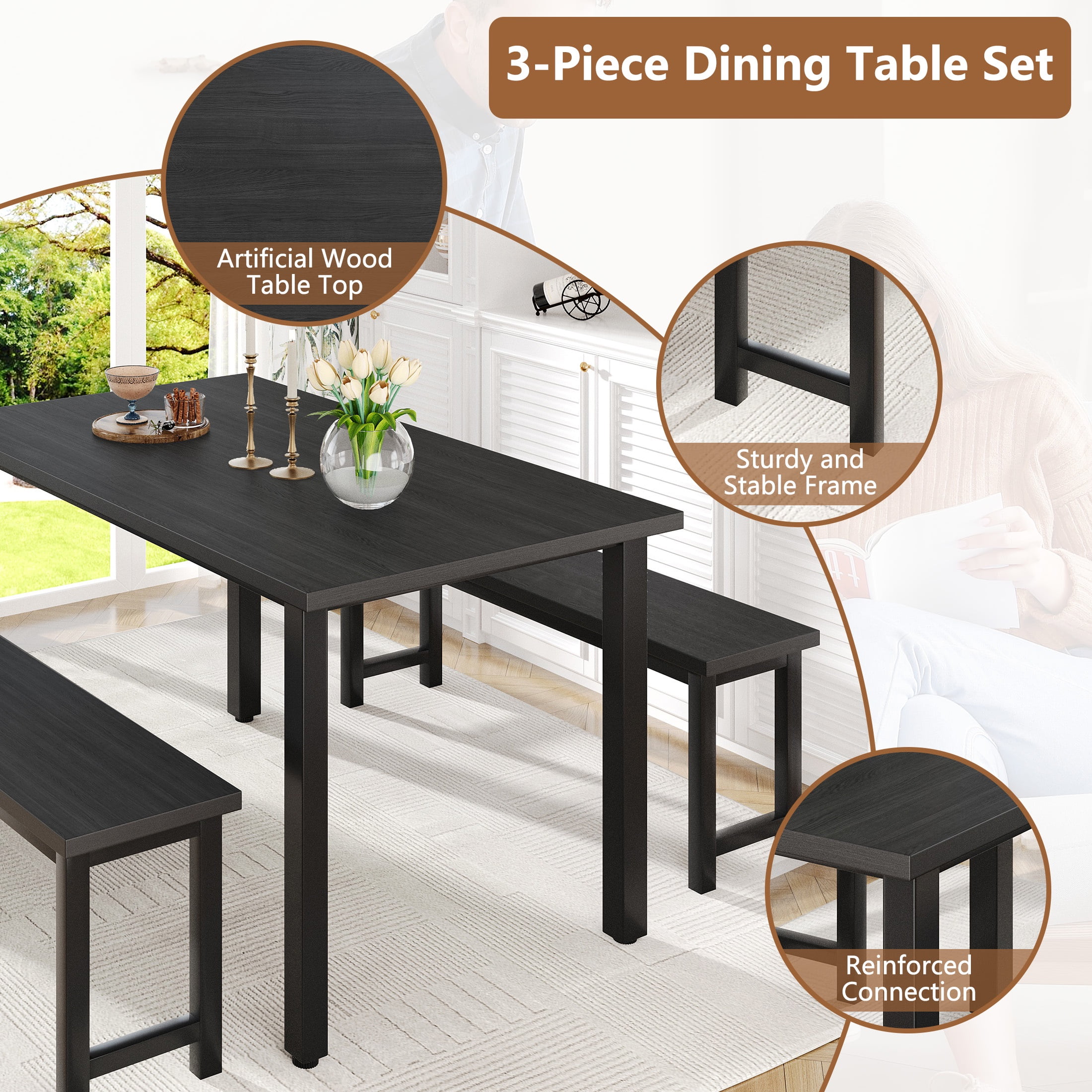 UHOMEPRO Dining Table Set for 4, 3-Piece Kitchen Table Set with 2 Benches, Modern Dining Room Table Set with Metal Frame, Breakfast Nook Furniture Set for Home Cafeteria Bar Dining Room, Black - Image 10
