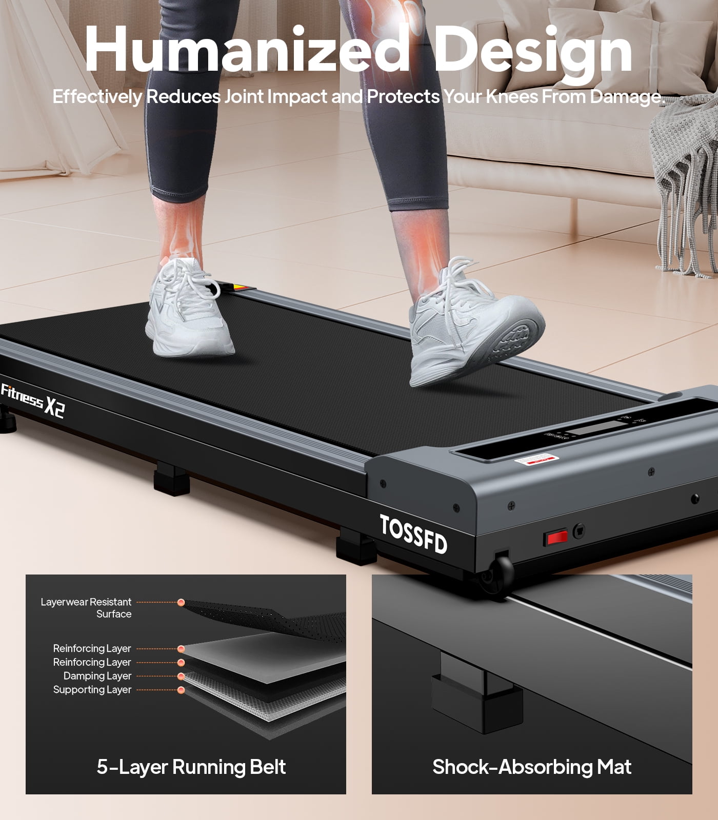 TOSSFD 2.5HP Walking Pad,38.6"*15.7"Walking Area,0.5-3.8MPH Under Desk Treadmill for Home/Office, Walking Jogging Machine with 280 lbs Weight Capacity,X2 - Image 5