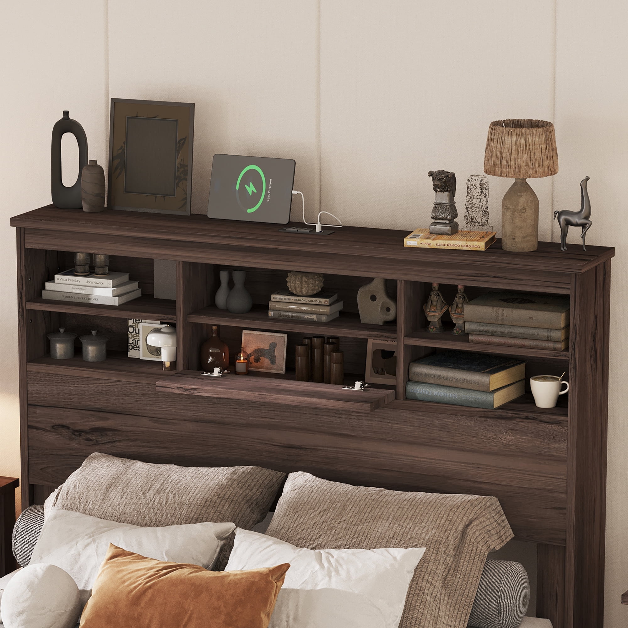 EUROCO Queen Size Platform Bed with Storage Headboard and USB Charging Station, Solid Wood Frame for Kids Adults, Walnut - Image 2