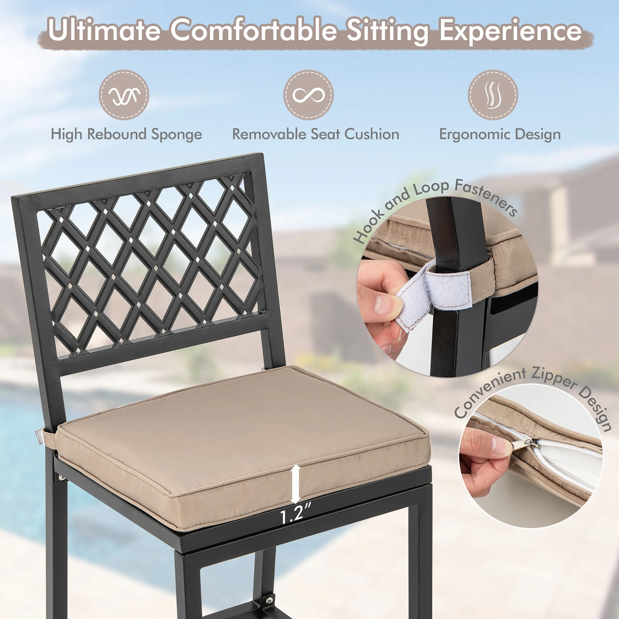Costway Set of 2 Outdoor Bar Height Dining Chairs Patio Metal Bar Stools with Cushion - Image 5