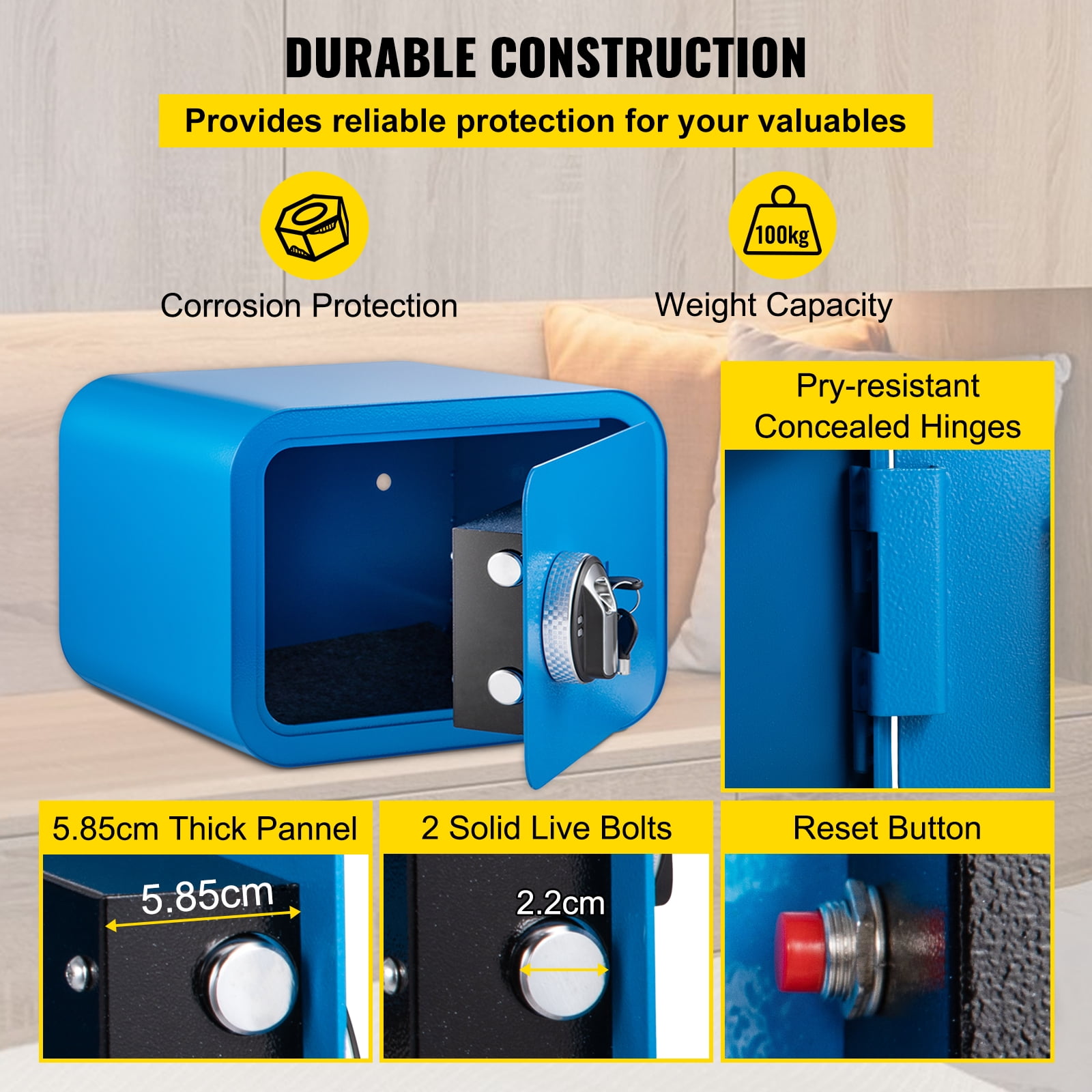 VEVORbrand Security Safe Box 1 CU.FT Money Safe with Fingerprint Lock and Key Lock, Alloy Steel Home Safes with 2 Keys, Wall-Mounted Security Safe for Cash, Jewelry, Passports, Documents, Blue - Image 7