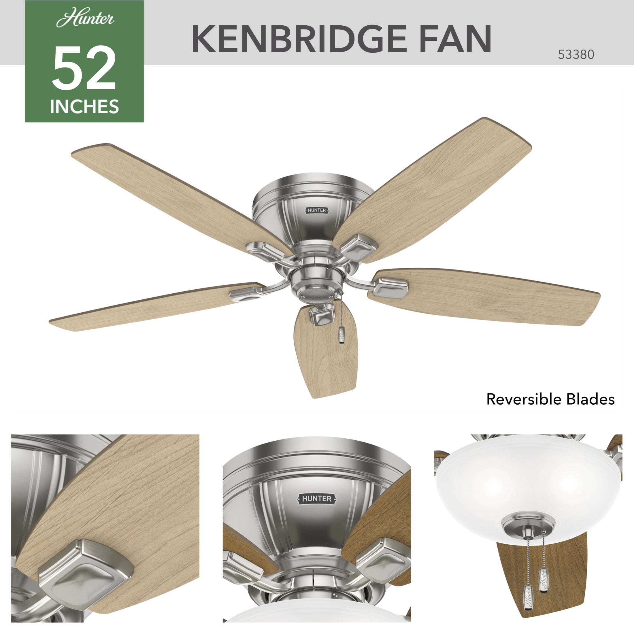 Hunter - Kenbridge Indoor Low Profile Ceiling Fan With Light, 52-inch, Brushed Nickel, Rustic-style, 3-speed WhisperWind Motor, 53380, for Living Rooms, Bedrooms - Image 3