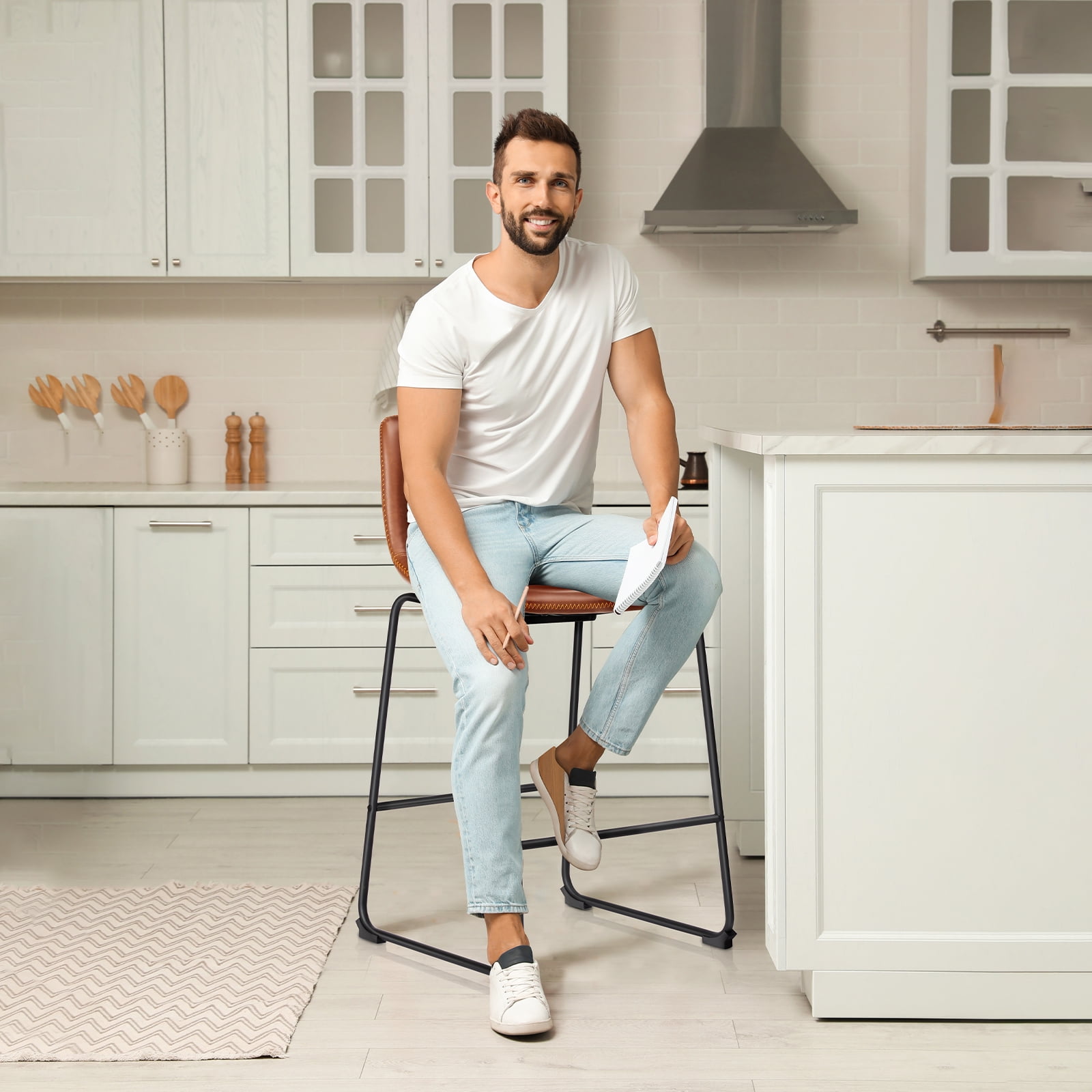 JIOABL Counter Height Bar Stools Set of 4, Faux Leather 26 inch High Barstools with Back and Metal Leg, for Home Kitchen Office, Brown - Image 3