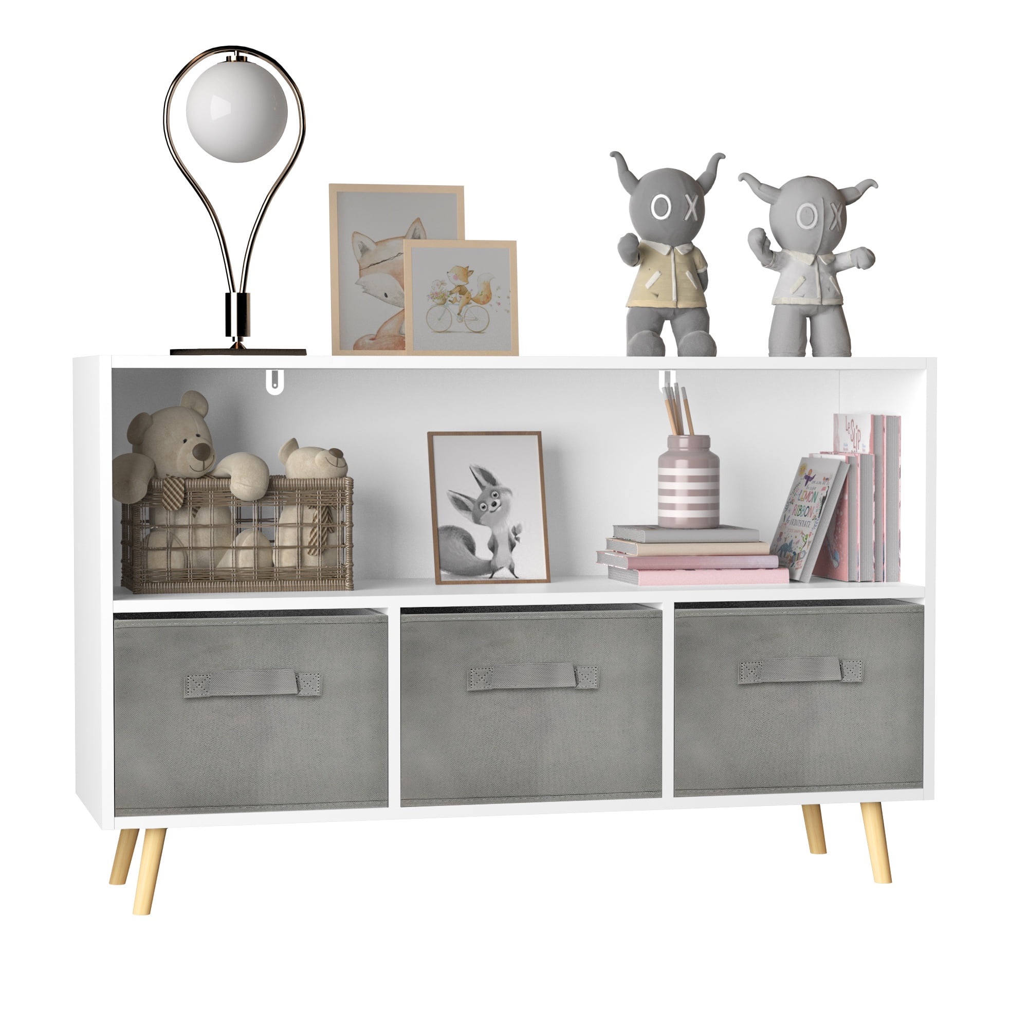 PORKISS Bookshelf for Kids, Wood Kids Bookcase with Collapsible Fabric Drawers, Freestanding Toy Organizer, Modern Toy Storage for Children's Room, Living Room, White/Gray - Image 3