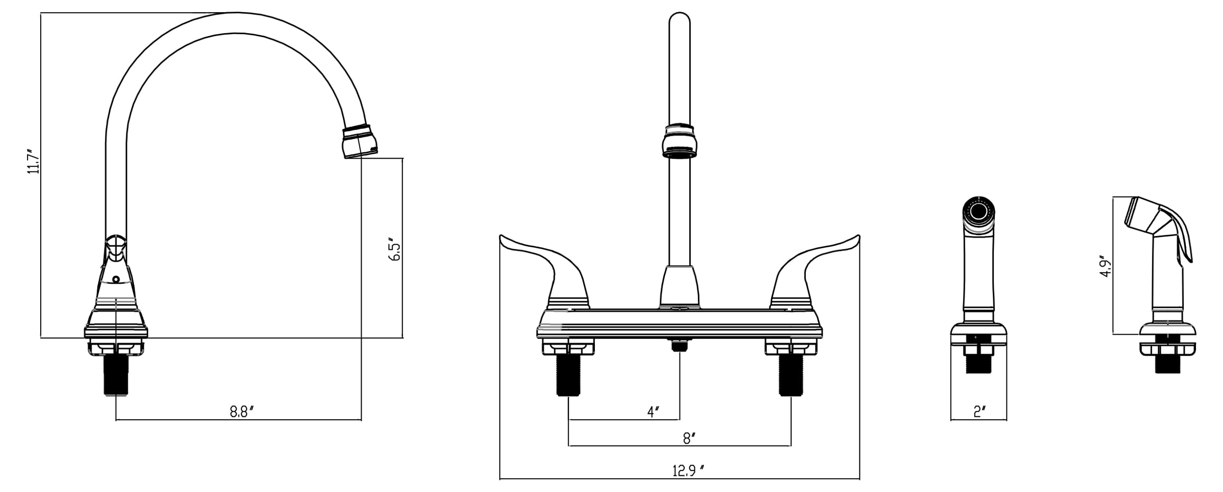 WMF-8235GNZMLP-BN - Hybrid Metal Deck Kitchen Sink Faucet, 360 Degree Swivel, High Spout, Double Handle with Side Spray - Image 7