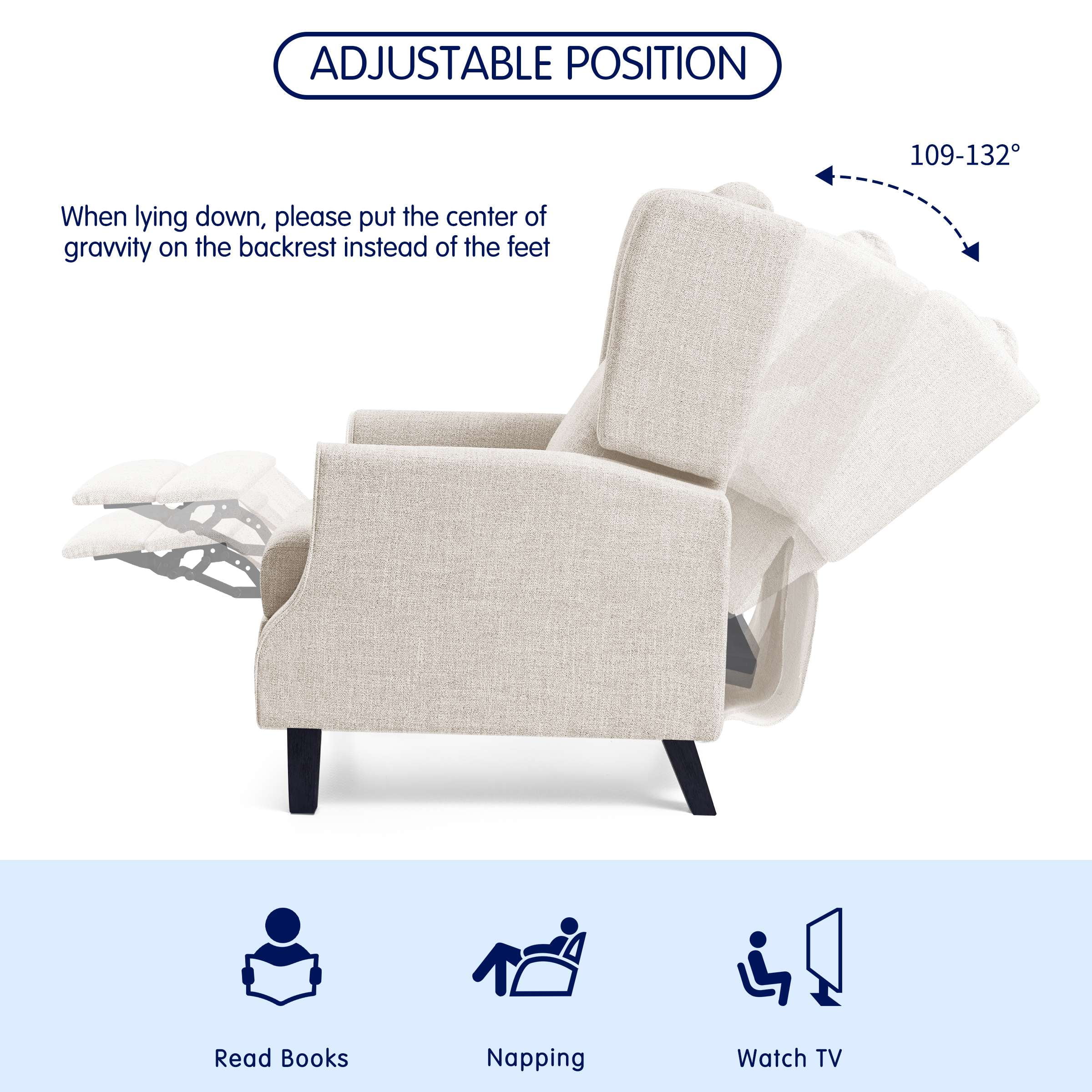 Subrtex Push Back Recliner Chair, Modern Upholstered Manual Wing Chair with Extending Footrest Linen Fabric Recliner Chair (1 PC, Beige) - Image 2