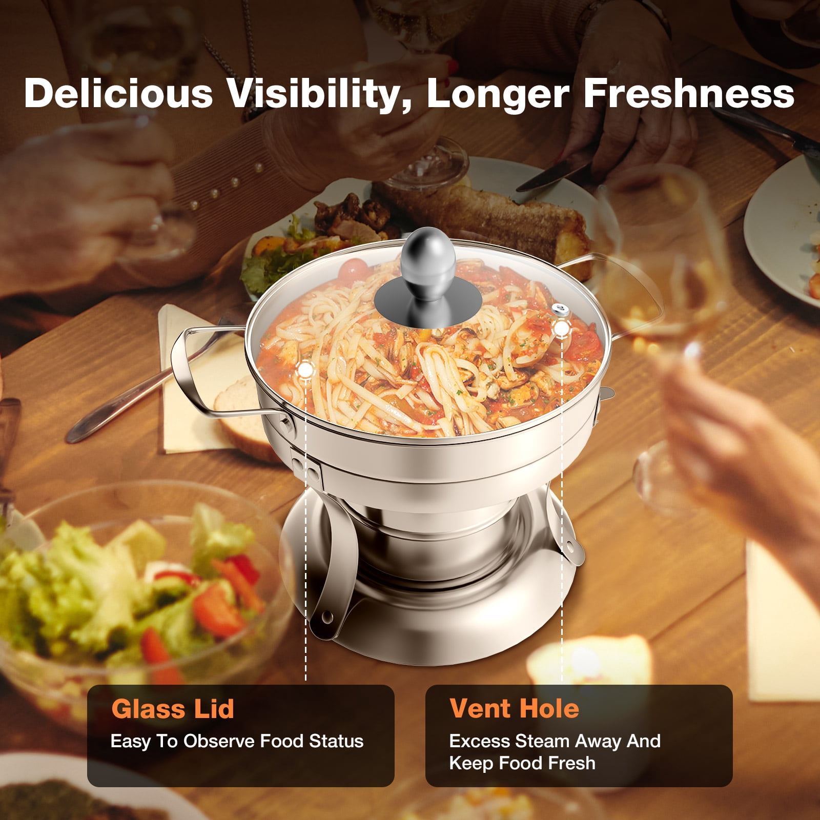 WARMOUNTS Chafing Dish Buffet Set, 4 Pack 1-Quart Round Buffet Chafe Warmer Set, 410 Stainless Steel Chafing Dish Buffet Food Warmer with Glass Lid & Holder - Image 7