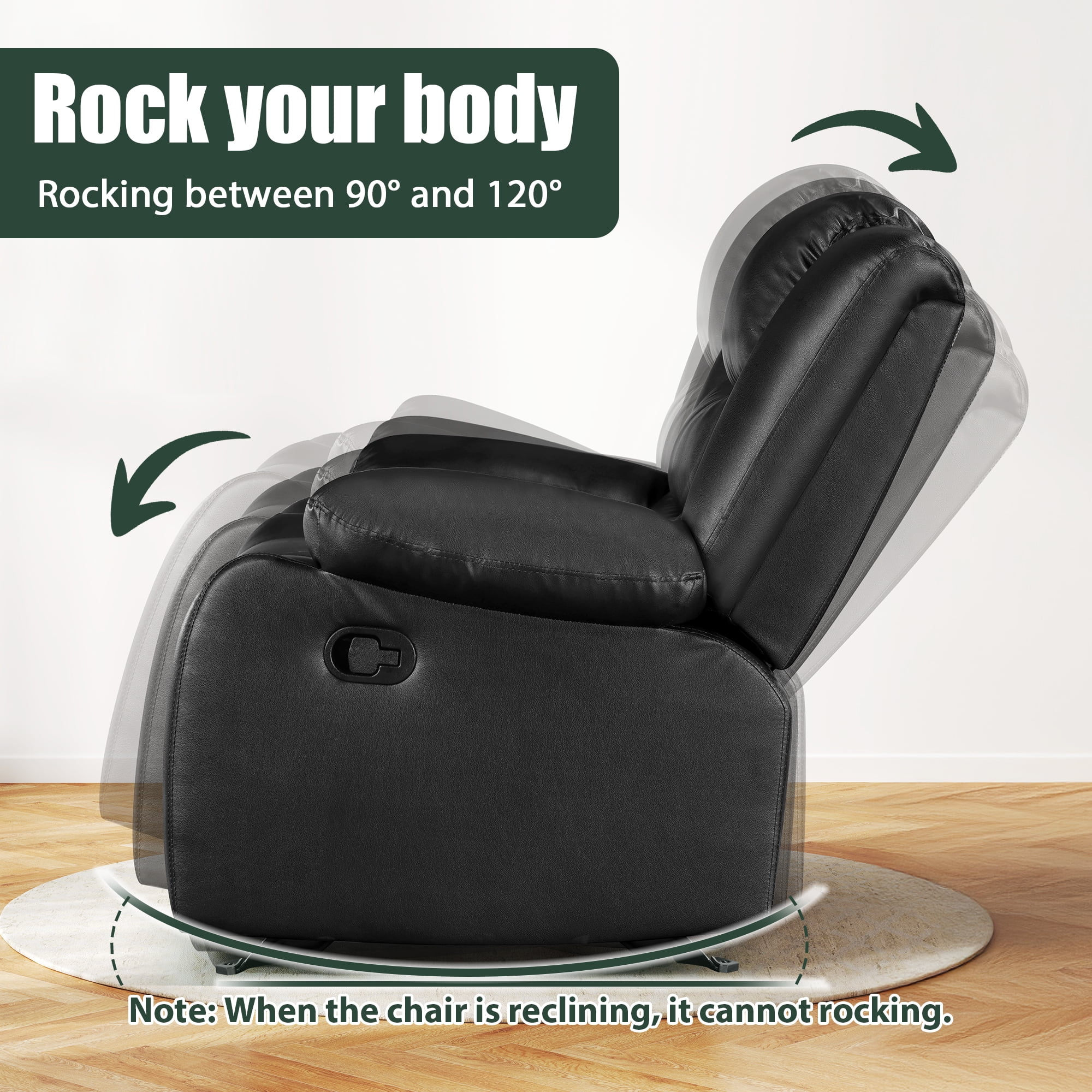 TrumanPick Manual Recliner Rocker Chair, Leather Rocker Recliner Living Room Lazy Boy Reclining Chairs for Adults Small Spaces, Black - Image 4