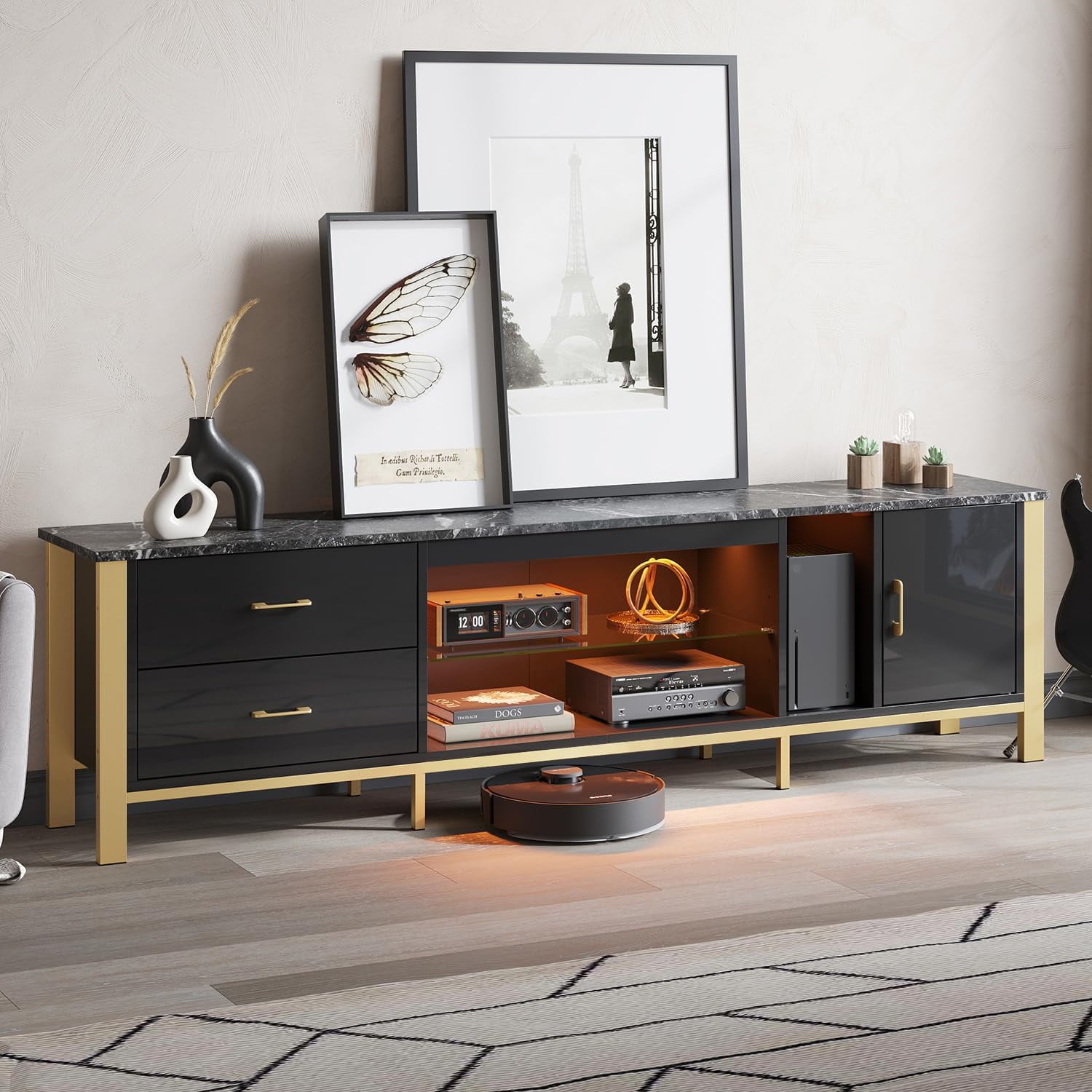 Bestier 80" Modern TV Stand LED Entertainment Center High Gloss Console Table for TVs up to 85" with Storage Cabinet and Drawers, Black - Image 6