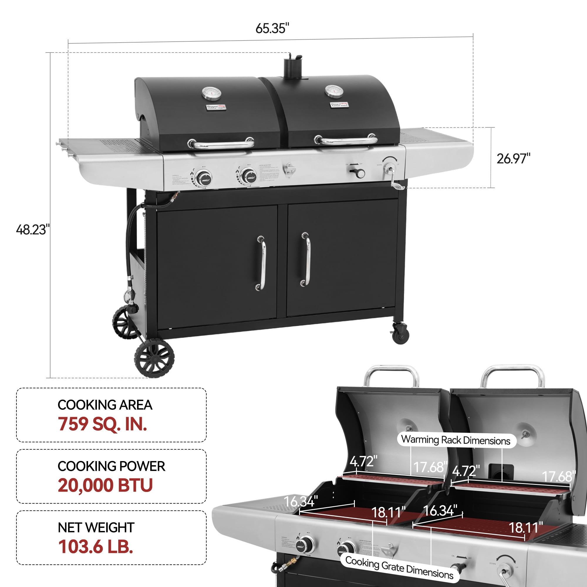 Royal Gourmet ZH3002C 3-Burner 25,500-BTU Dual Fuel Cabinet Gas and Charcoal Grill Combo with Cover - Image 9