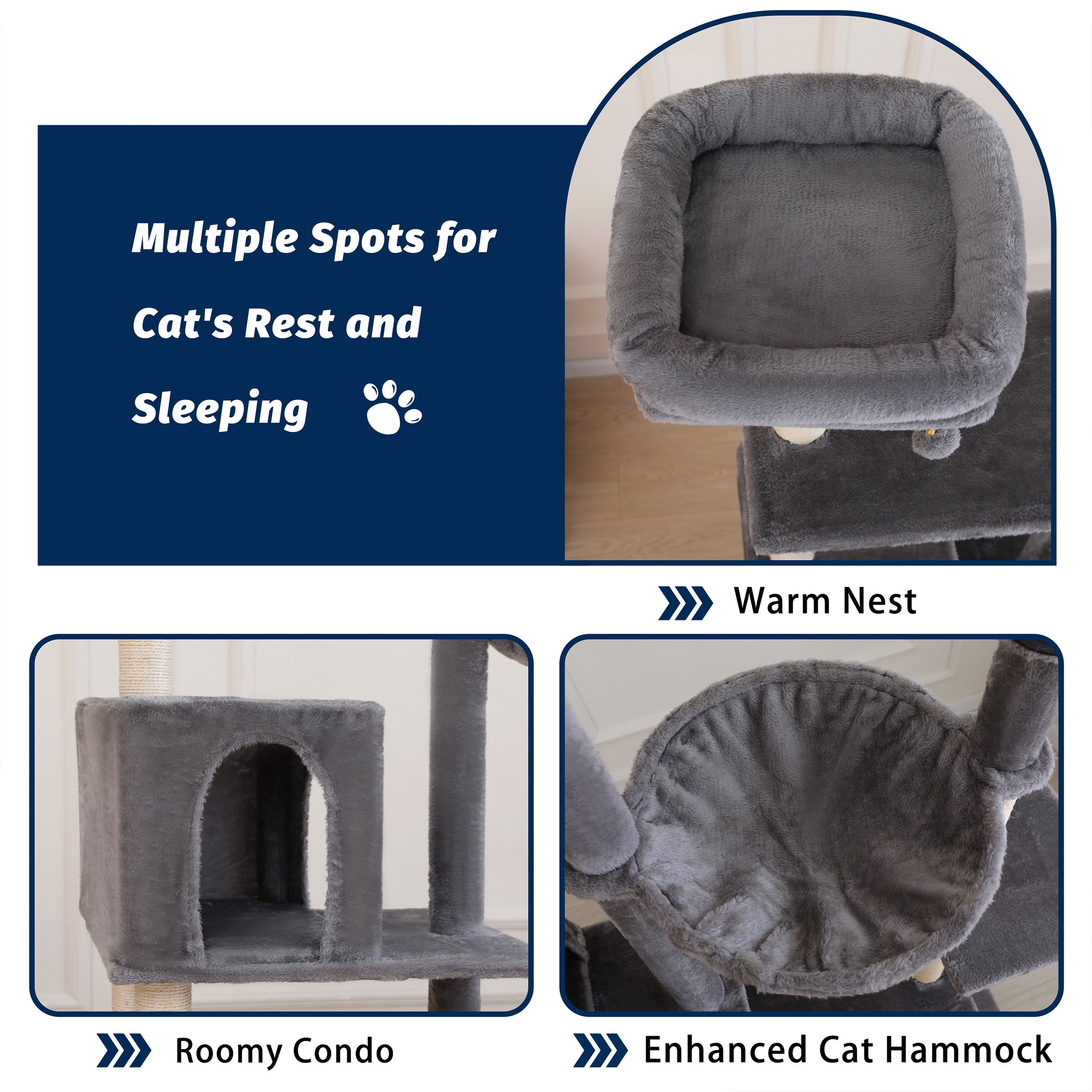 Vibrant Life 64” Multiple Level Cat Tree Tower with Condo and Hammock, Gray - Image 7