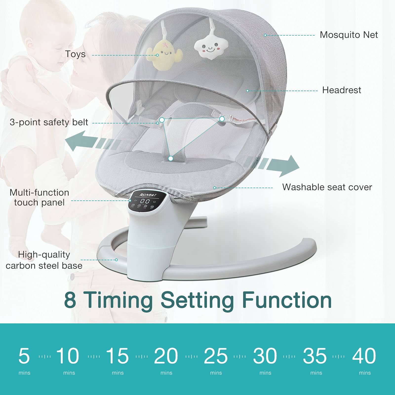 RONBEI 3 IN 1 Baby Swing for Infants Soothe Portable Newborn Swing with Music Remote Control Timing Function Mosquito Net Gray - Image 8
