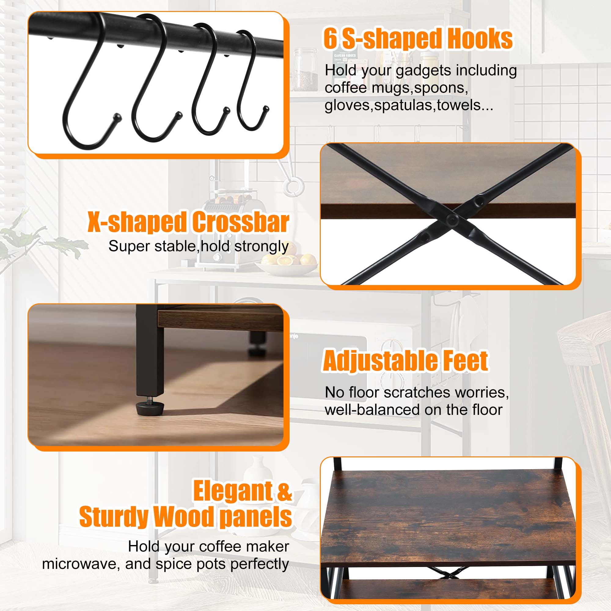 Copedvic Kitchen Bakers Rack Storage Cabinets Microwave Cart Oven Stand Coffee Bar with 6 Hooks 4 Tier Shelves - Image 3