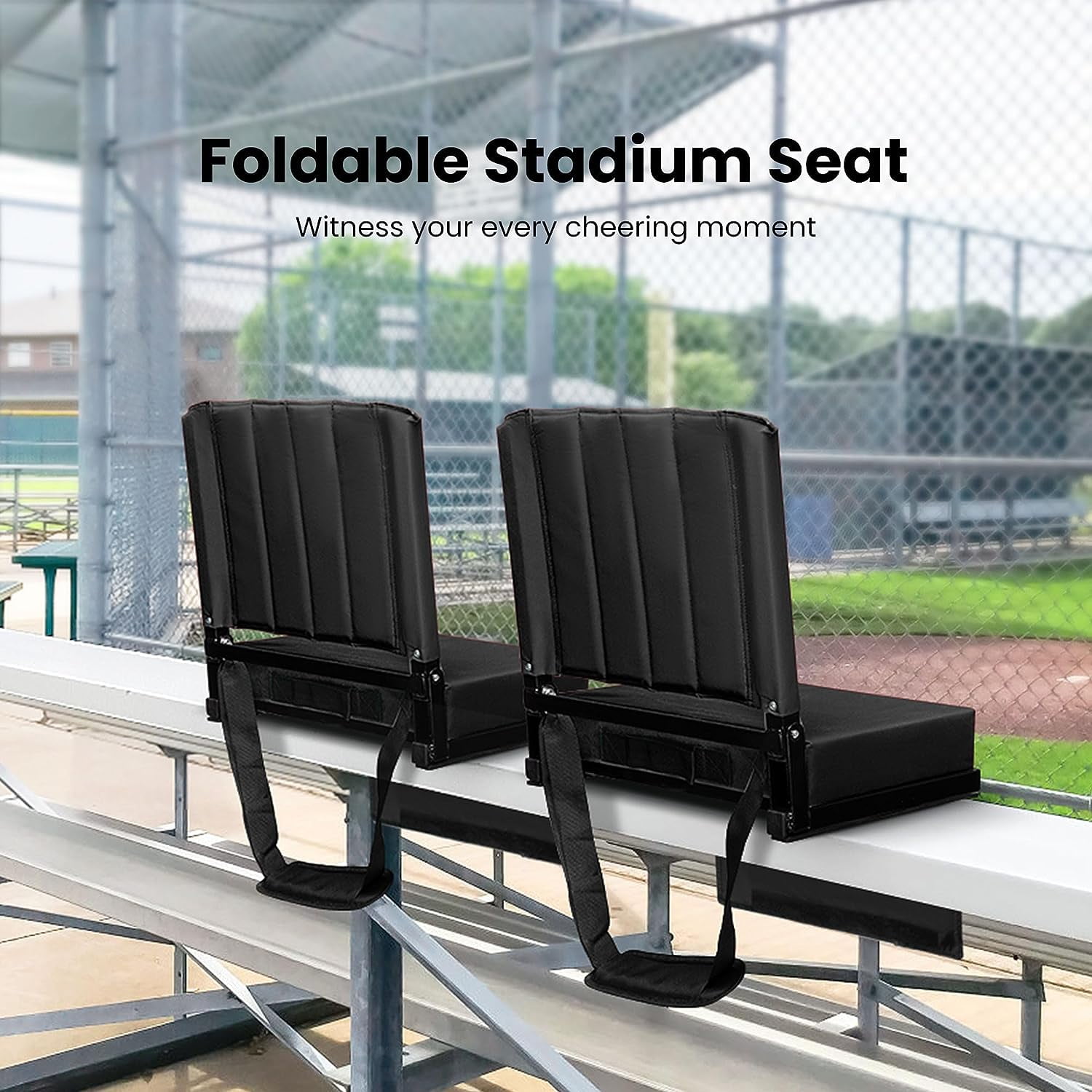 SPECSTAR 2-Pack Portable Stadium Seat for Bleachers with Back Support, Folding Bleacher Chair with Cup Holder and Shoulder Strap Black - Image 6