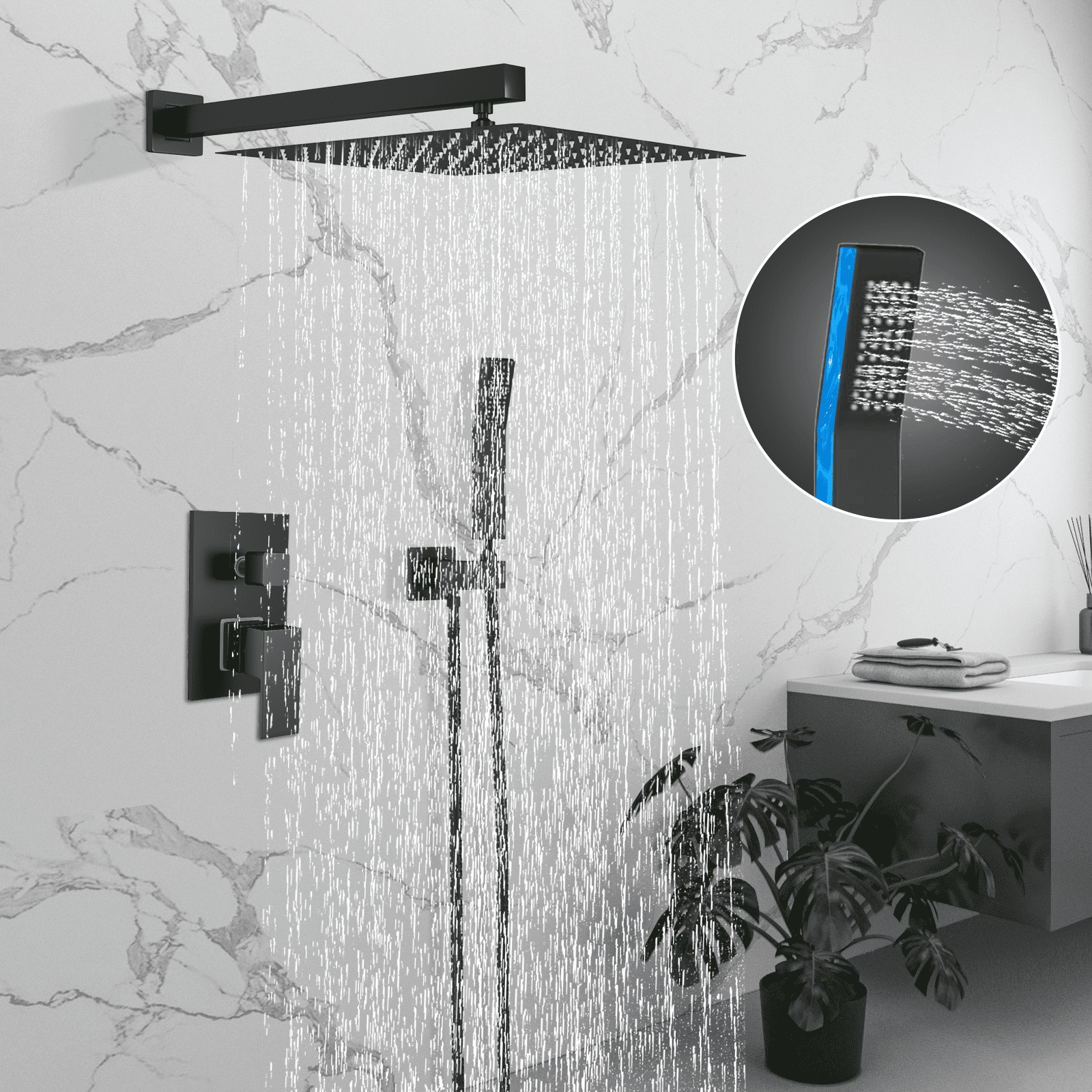 Zovajonia Matte Black Shower System 8 Inches Shower Faucet Set, Rain Shower Head with Handheld Spray Bathroom Wall Mount Shower Fixtures - Image 7