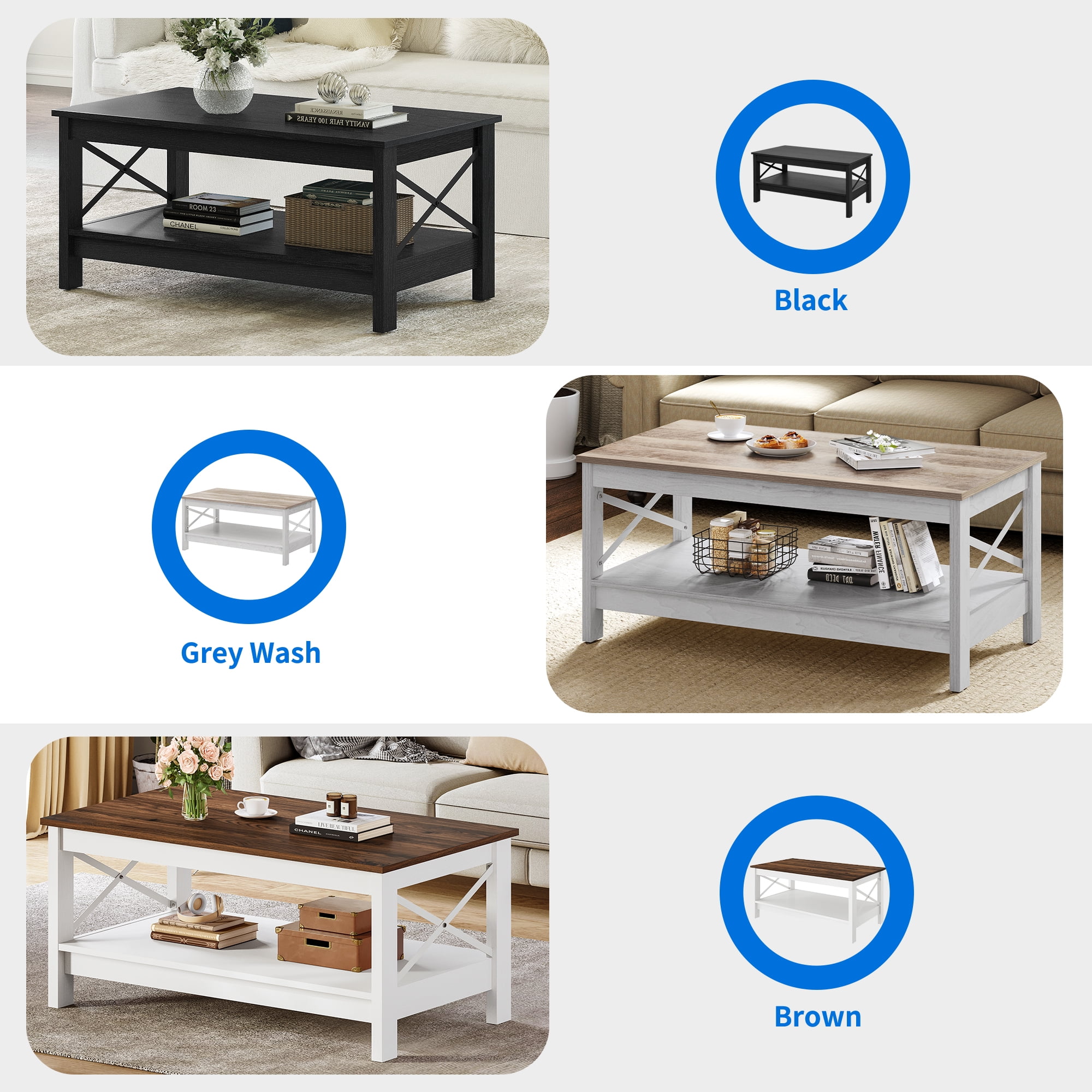 Dextrus Farmhouse 2-Tier Rectangular Wood Coffee Table, Brown/White - Image 4