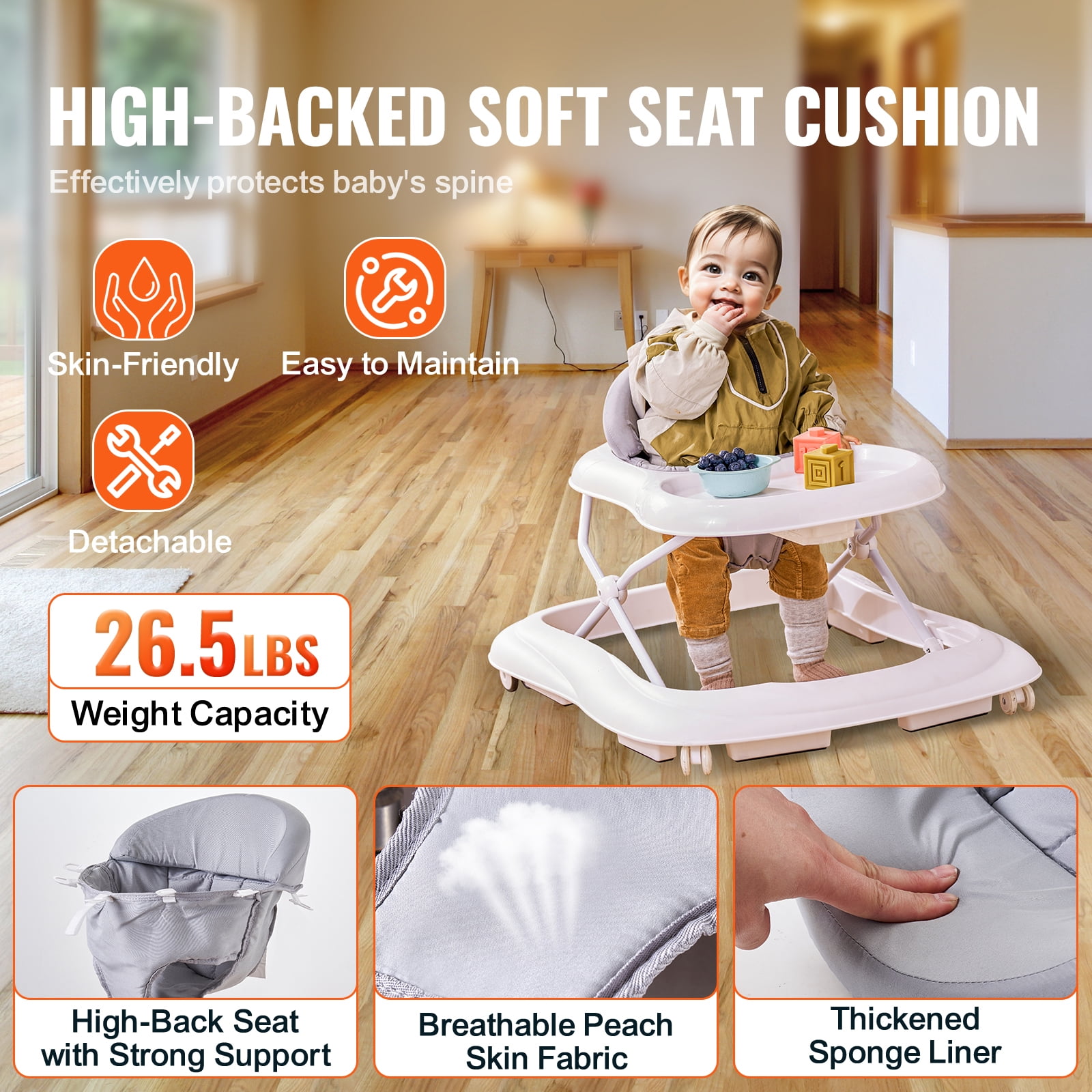 KFFKFF Baby Walker, Foldable Height Adjustable Baby Walker with Wheels, Infant Toddler Walker with Feeding Tray, Anti-Rollover Activity Walker Helper for Boy Girl 6-12 Months - Image 2