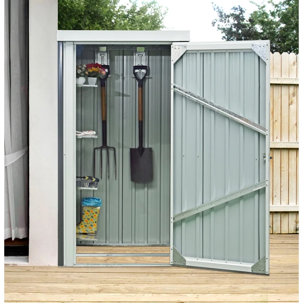 Hanover Patio Storage Shed | Galvanized Steel | Twist Lock and Key | 2 Tool Hooks | 3-Ft. x 3-Ft. x 6-Ft. | Dark Gray / White | HANPATSHD-GW - Image 7