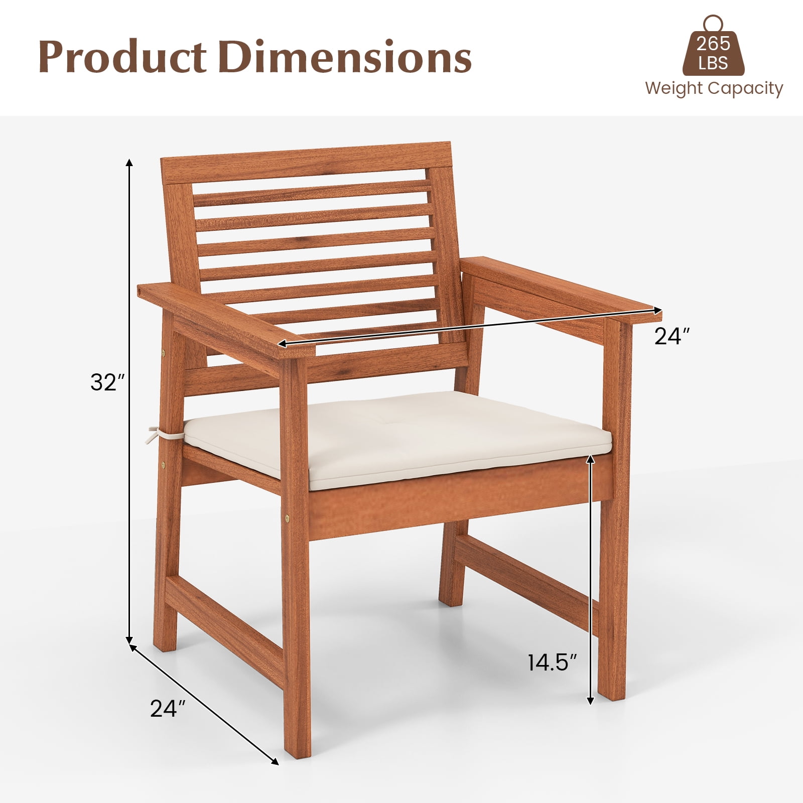 Costway Set of 2 Outdoor Dining Chair Patio Solid Wood Chairs with Comfortable Cushions - Image 4