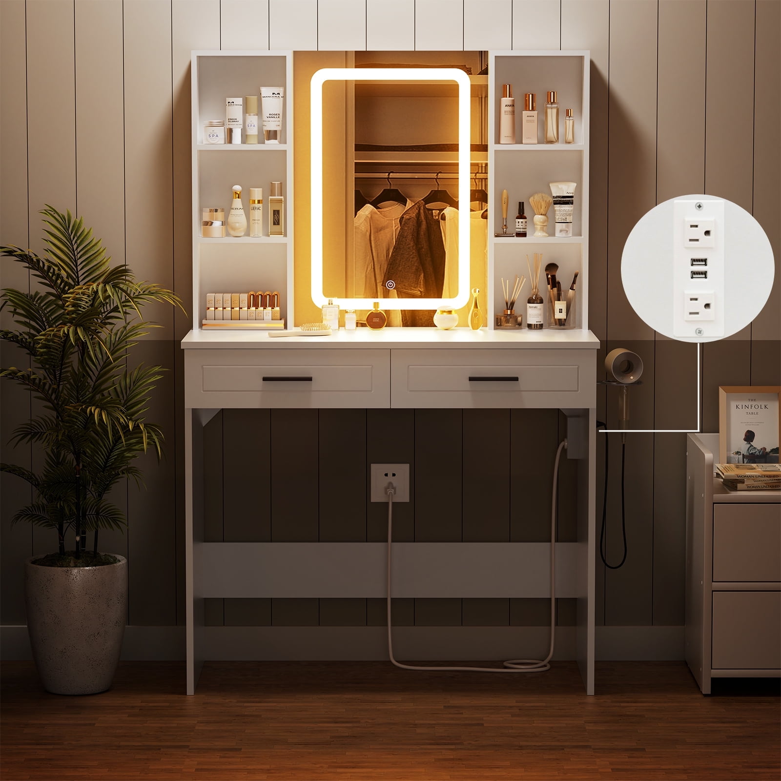 Hommpa Vanity Set with Mirror, Girls Makeup Vanity with LED Lights, White Vanity Desk with Drawers, Vanity Table with Charging Station for Women Bedroom Storage - Image 6