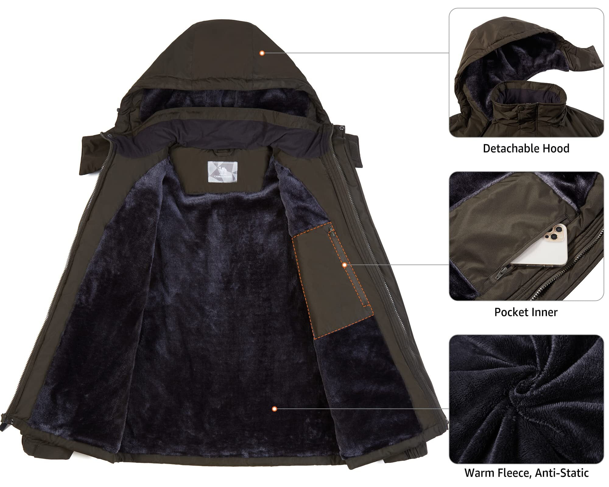 CAMEL CROWN Men's Waterproof Ski Jacket Warm Winter Snow Coat Mountain Windbreaker Hooded Raincoat - Image 4