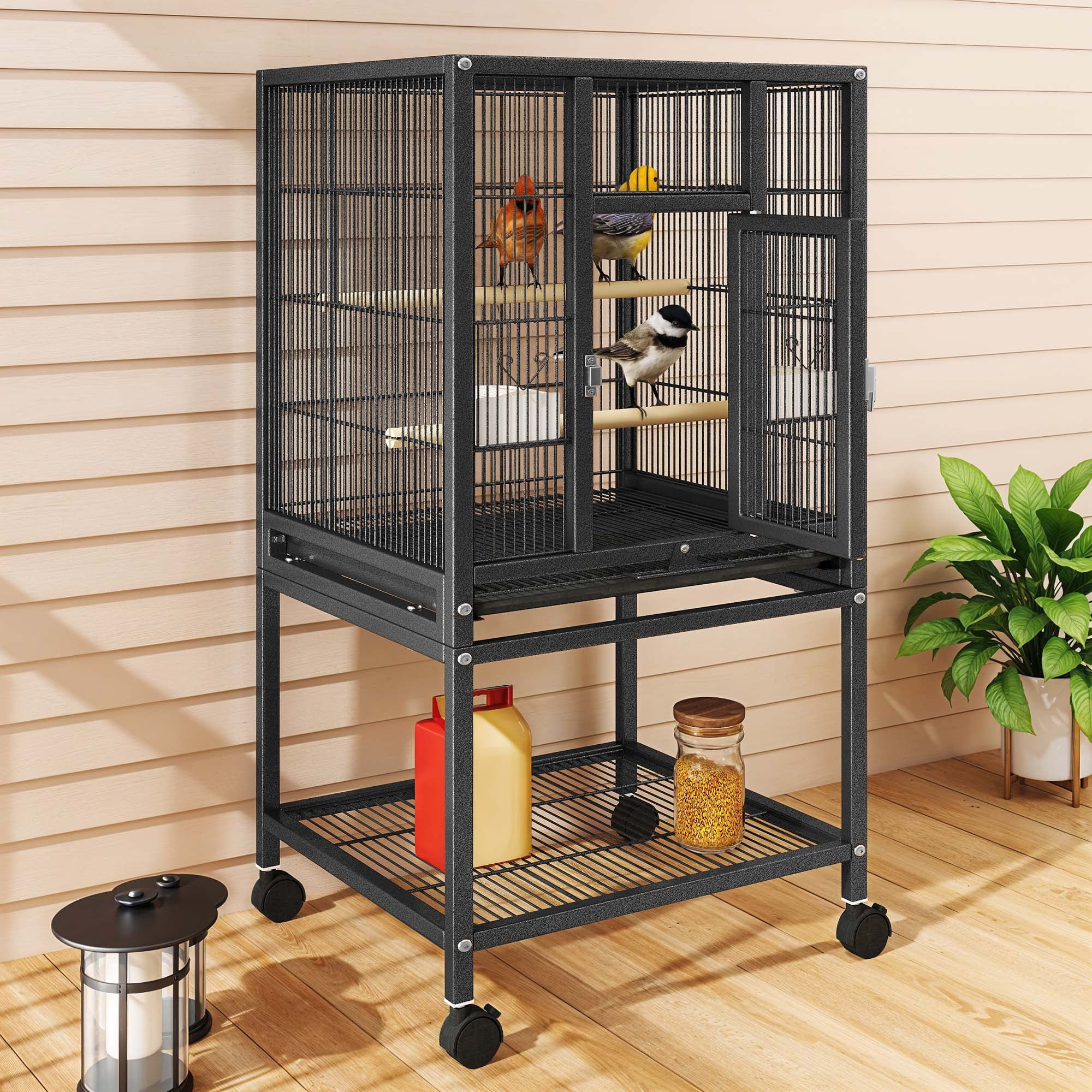 Uforic 41" Metal Birdcage with Rolling Stand and Castor Wheels, Large Parrot Cage with 2 Perches and 2 Feeders, Spacious Storage Tray, Black - Image 7
