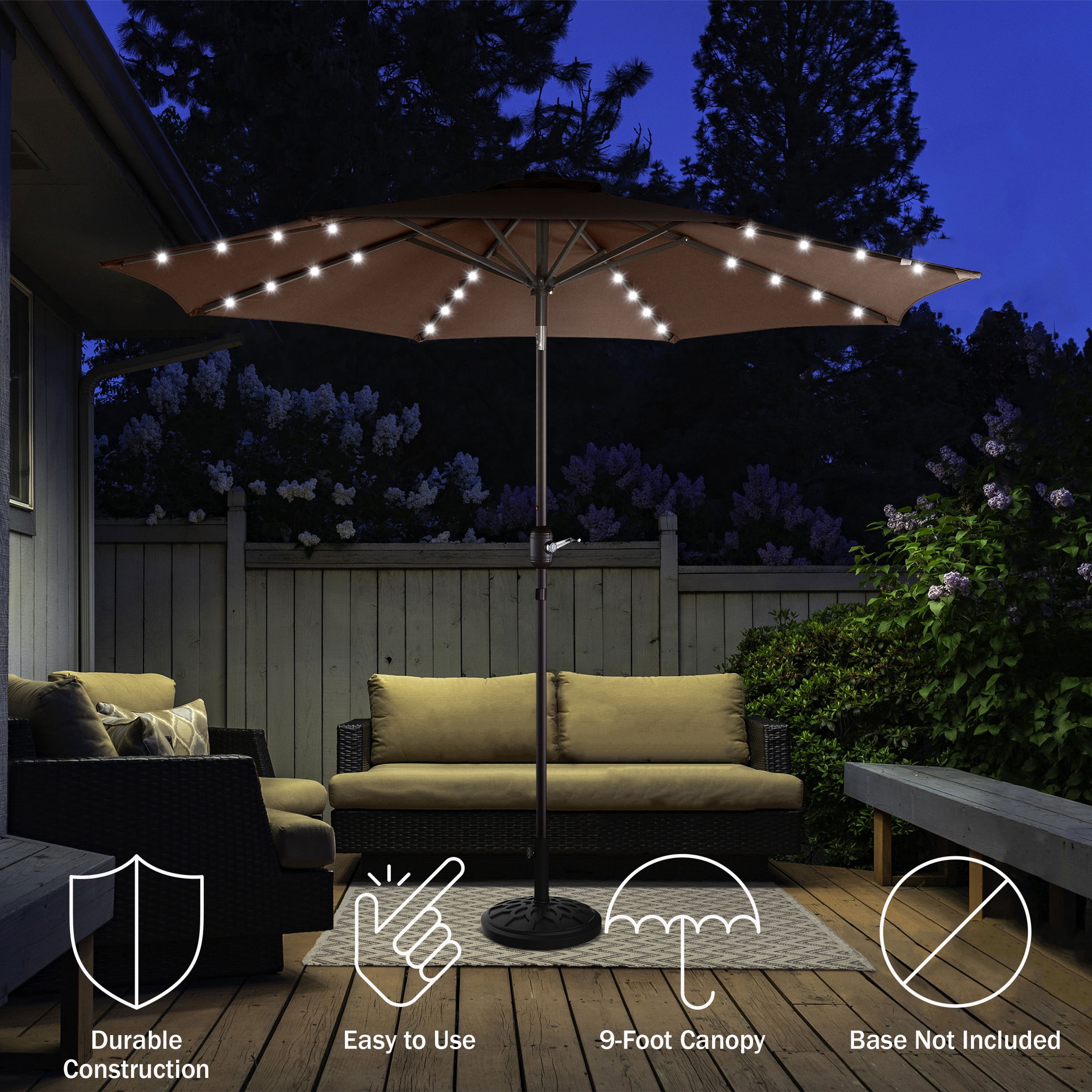 Villacera 9FT Outdoor Patio Umbrella with Solar Lights and Tilt, Brown - Image 7