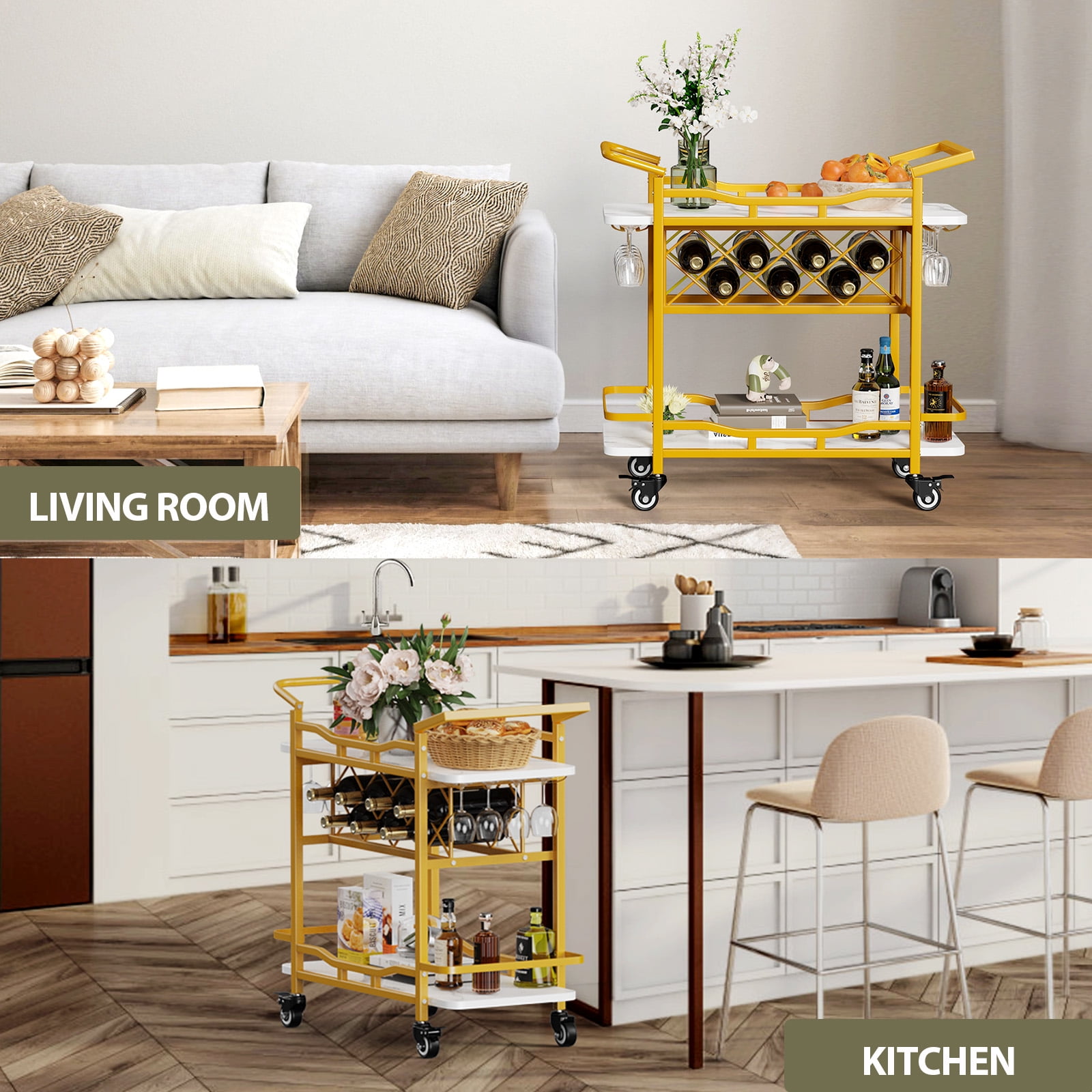 Kalrin Rolling Bar Cart with Wheels, Beverage Serving Cart with Wine Racks and Glasses Holder, Coffee Bar Cart for The Home, Party - Image 3