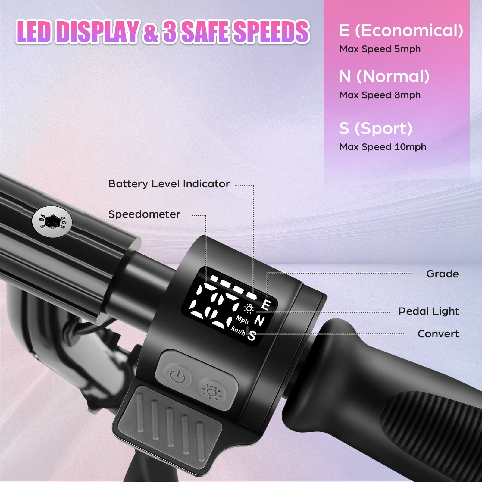 SANOPY Electric Scooter for Kids Ages 6-14, Adjustable Speed & Height, Colorful Lights, LED Display, 150W Motor, up to 10 mph, 80 Mins Ride Time, Pink - Image 3