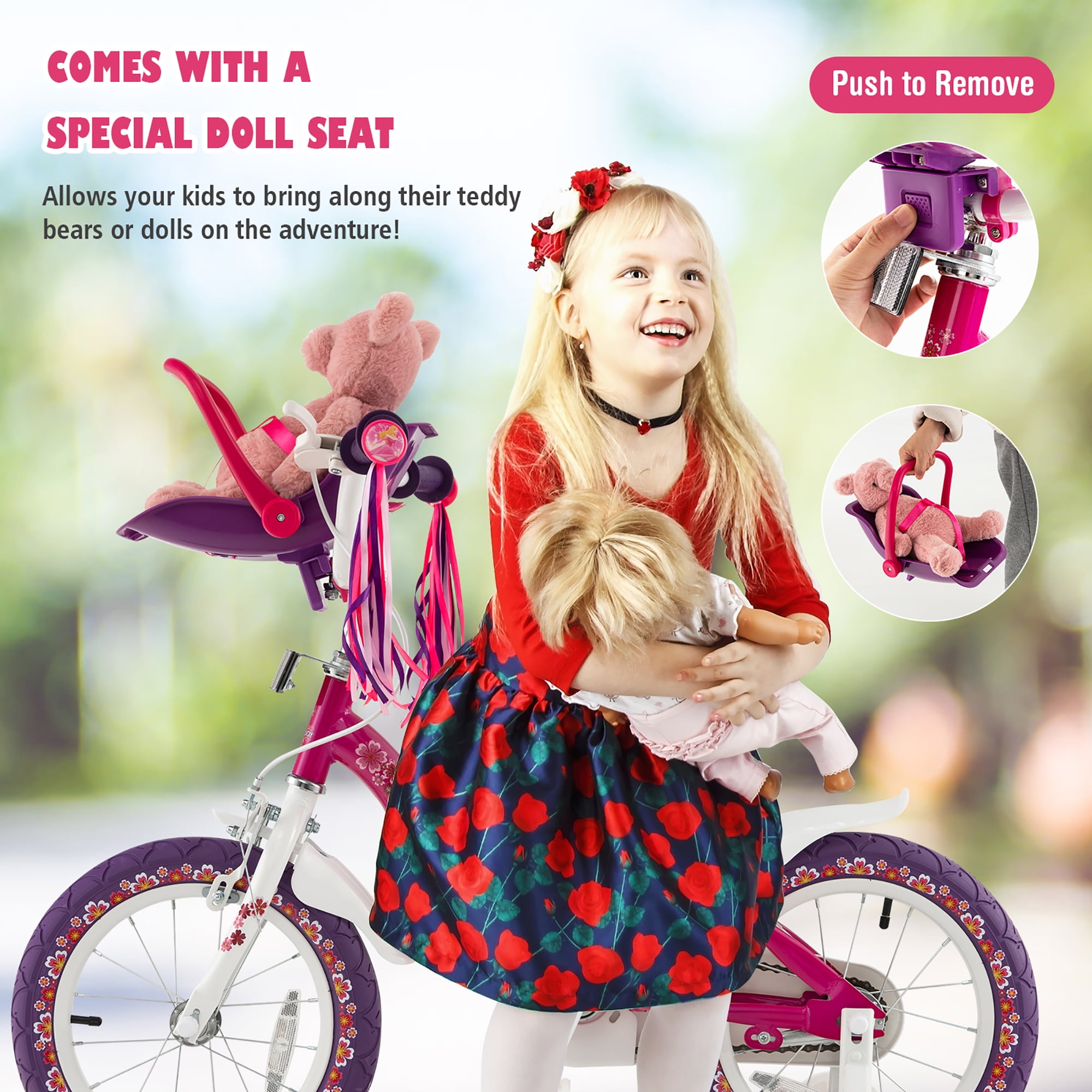 Costway 16'' Kids Bike with Doll Seat Girls Bicycle with Training Wheels for 4-7 Years Old Girl - Image 7