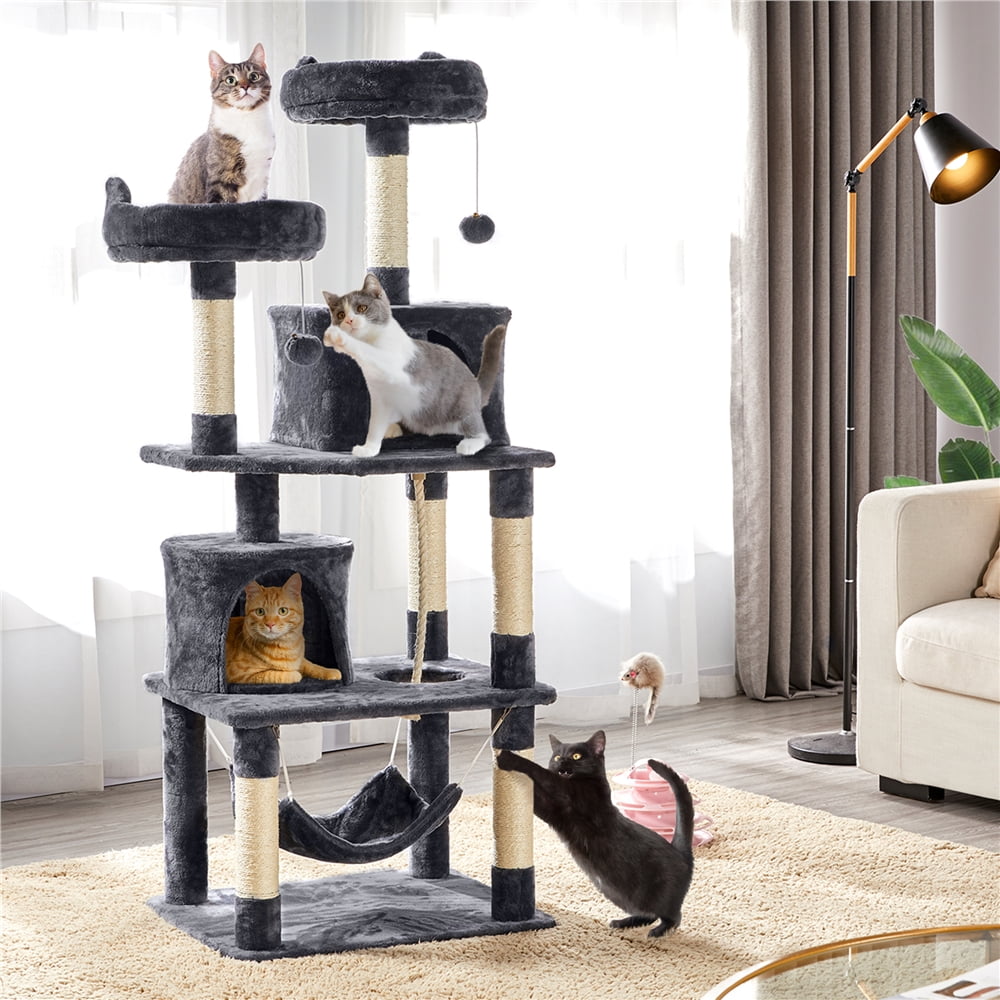 Alden Design 62" Tall Double Condo Cat Tree and Scratching Post Tower, Dark Gray - Image 9
