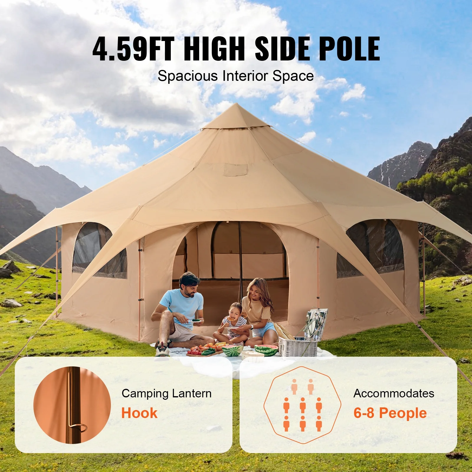 KFFKFF Canvas Shelter, All-Season 5m/16.4ft Dome Shelter, Camping Canvas with Chimney Hole, Ventilated Large Yurt for 8 Persons, Ideal for Family Outings, Outdoor Gatherings - Image 9