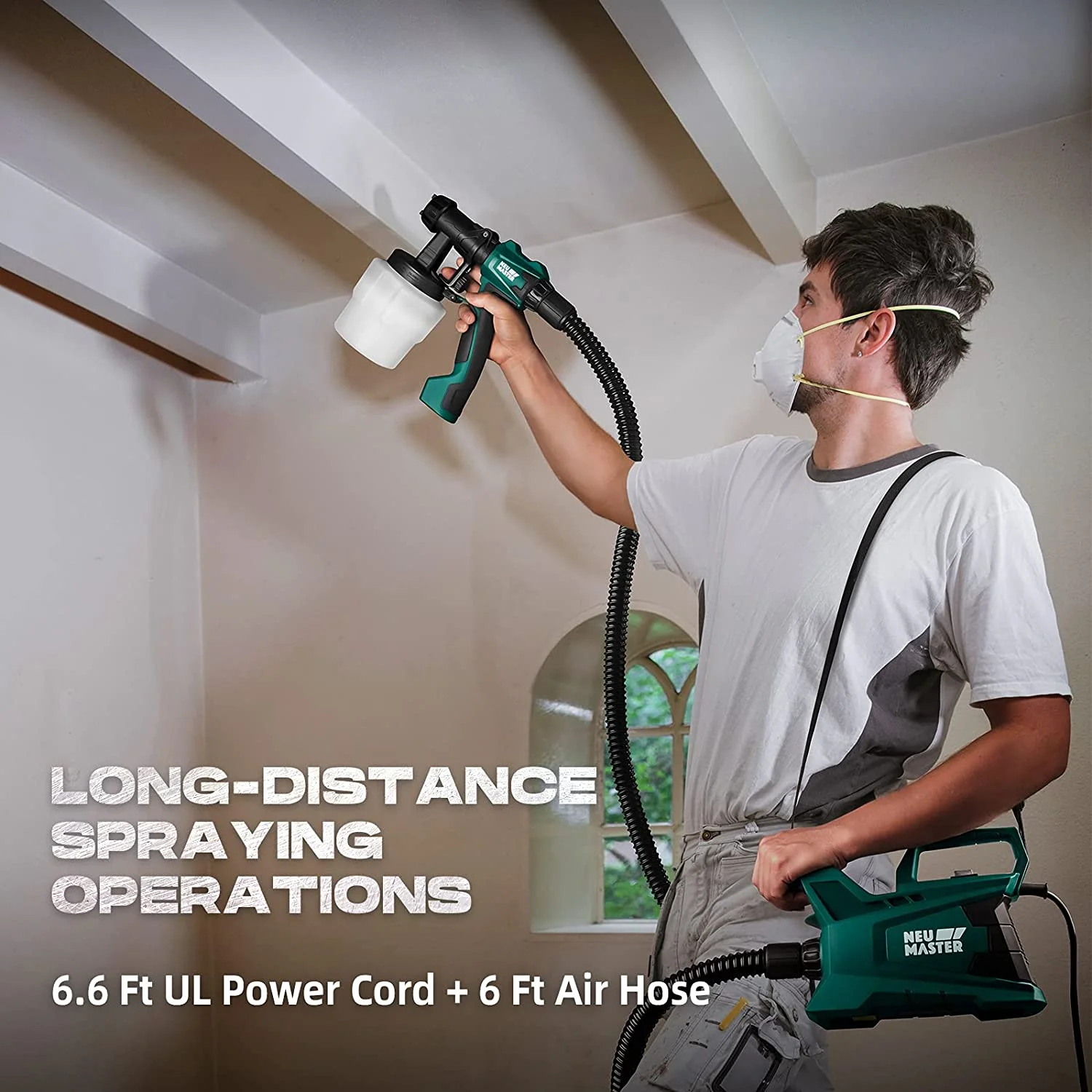 NEU MASTER 600W HVLP Electric Paint Sprayer, 3 Spray Patterns, Adjustable Flow Control & 6FT Hose, Lightweight Spray Gun for Walls, Furniture, Ceiling, Interior/Exterior Projects - Image 5