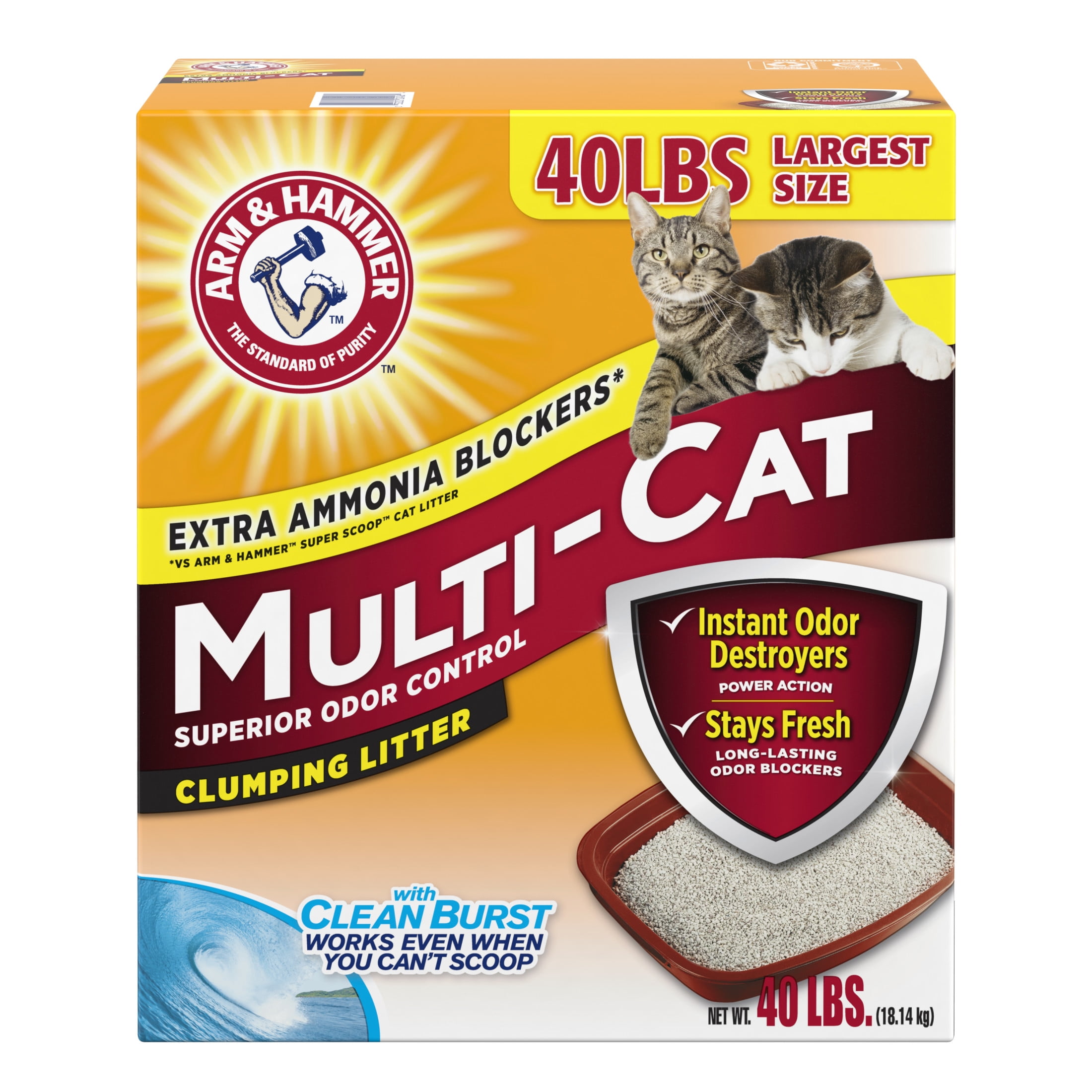 (4 pack) ARM & HAMMER Superior Odor Control Cat Litter, Multi-Cat Clumping Litter, Clean Burst Scent, 40 lb - Image 2