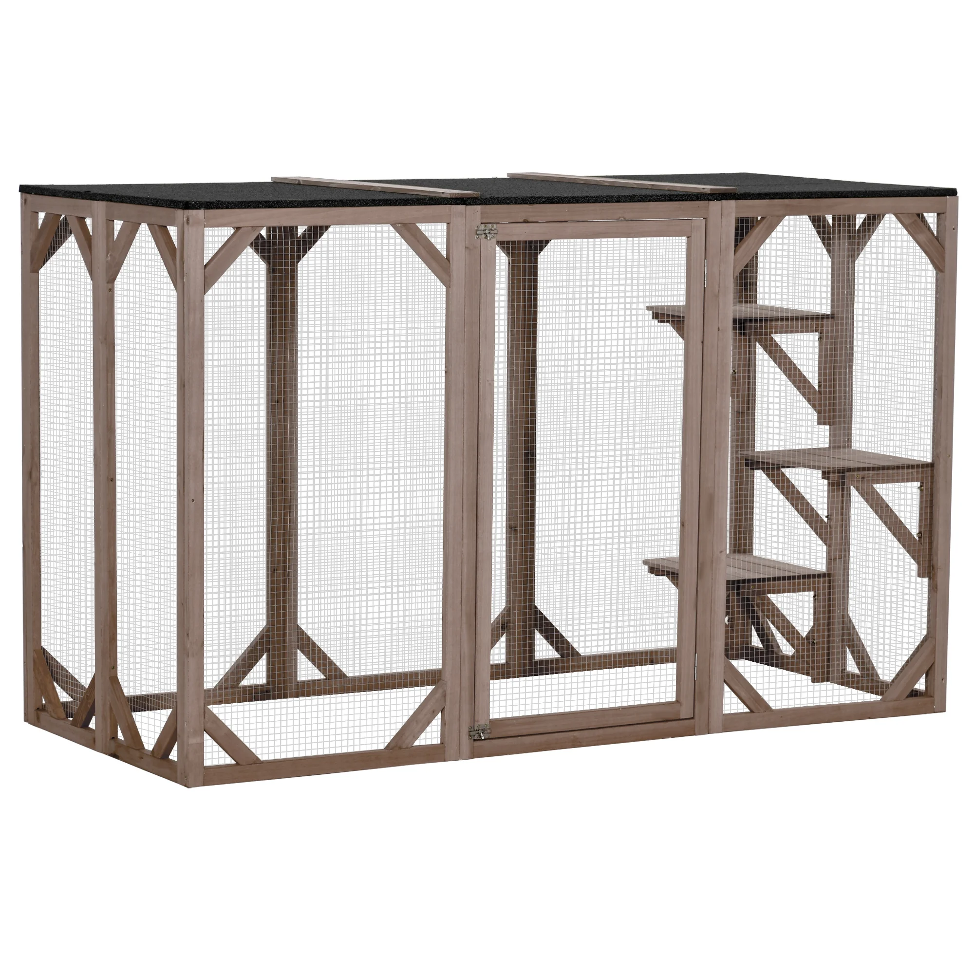 PawHut Wooden Outdoor Cat House Catio Kitten Enclosure Indoor Cage with Asphalt Roof, Multi-Level Platforms and Large Enter Door - 71"L, Brown - Image 8