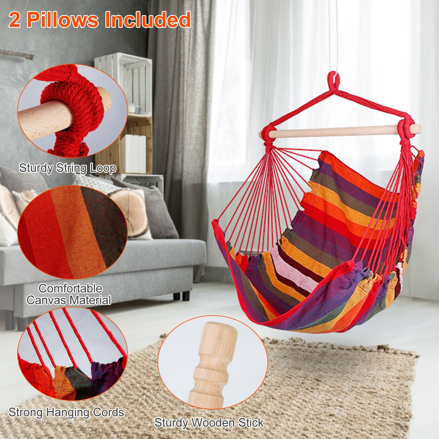 iMountek Hanging Chair Canvas Porch Patio Swing Seat, Portable Camping Rope Seat Wooden Stick Hammock Chair, Red - Image 5