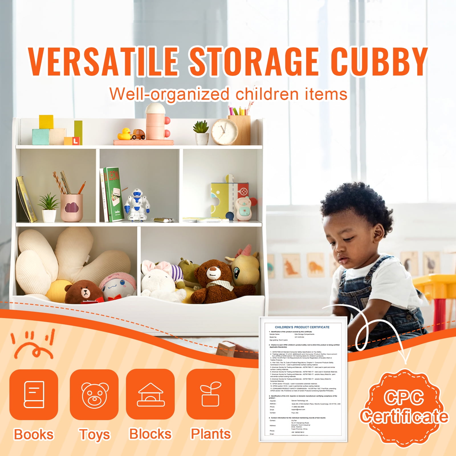 KFFKFF Children's Wooden Storage Unit, Includes Bookshelf and 5 Compartments, Ideal for Organizing Toys and Books in Kid's Rooms, Play Areas, or Classrooms, Nursery-Friendly Design, White - Image 6