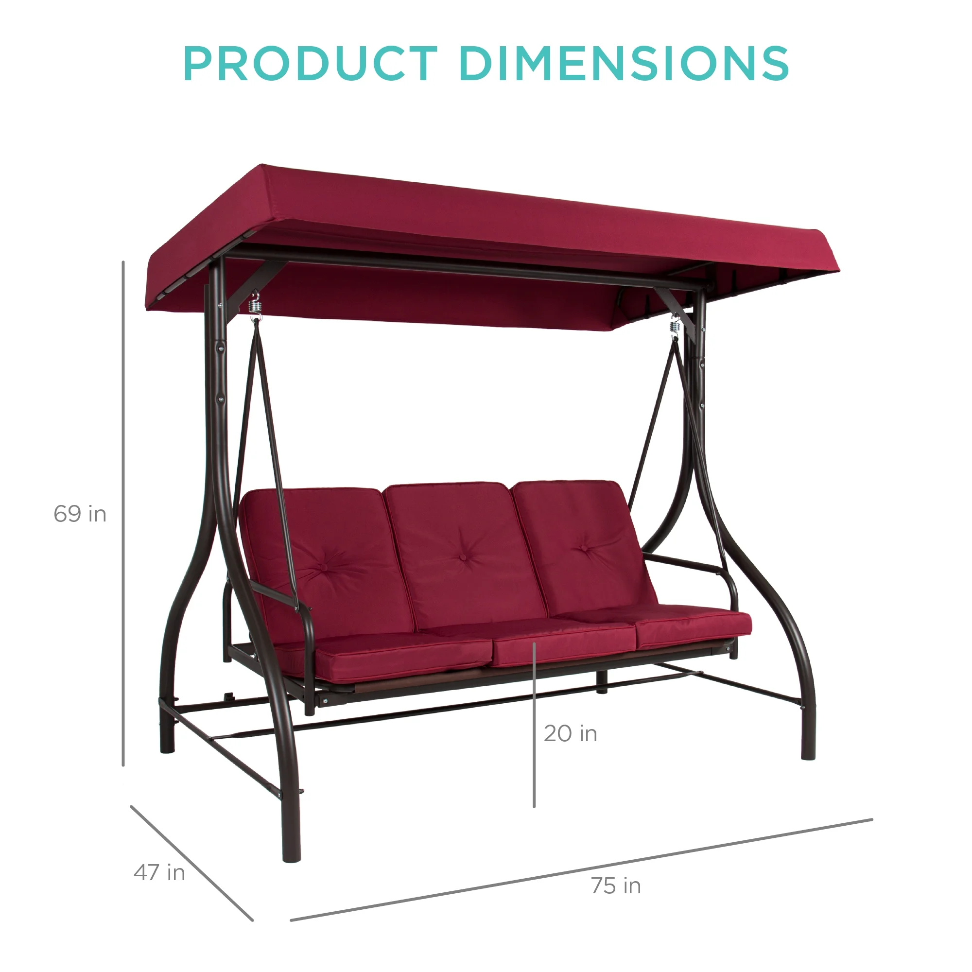 Best Choice Products 3-Seat Outdoor Converting Canopy Swing Glider Patio Hammock w/ Removable Cushions - Burgundy - Image 7
