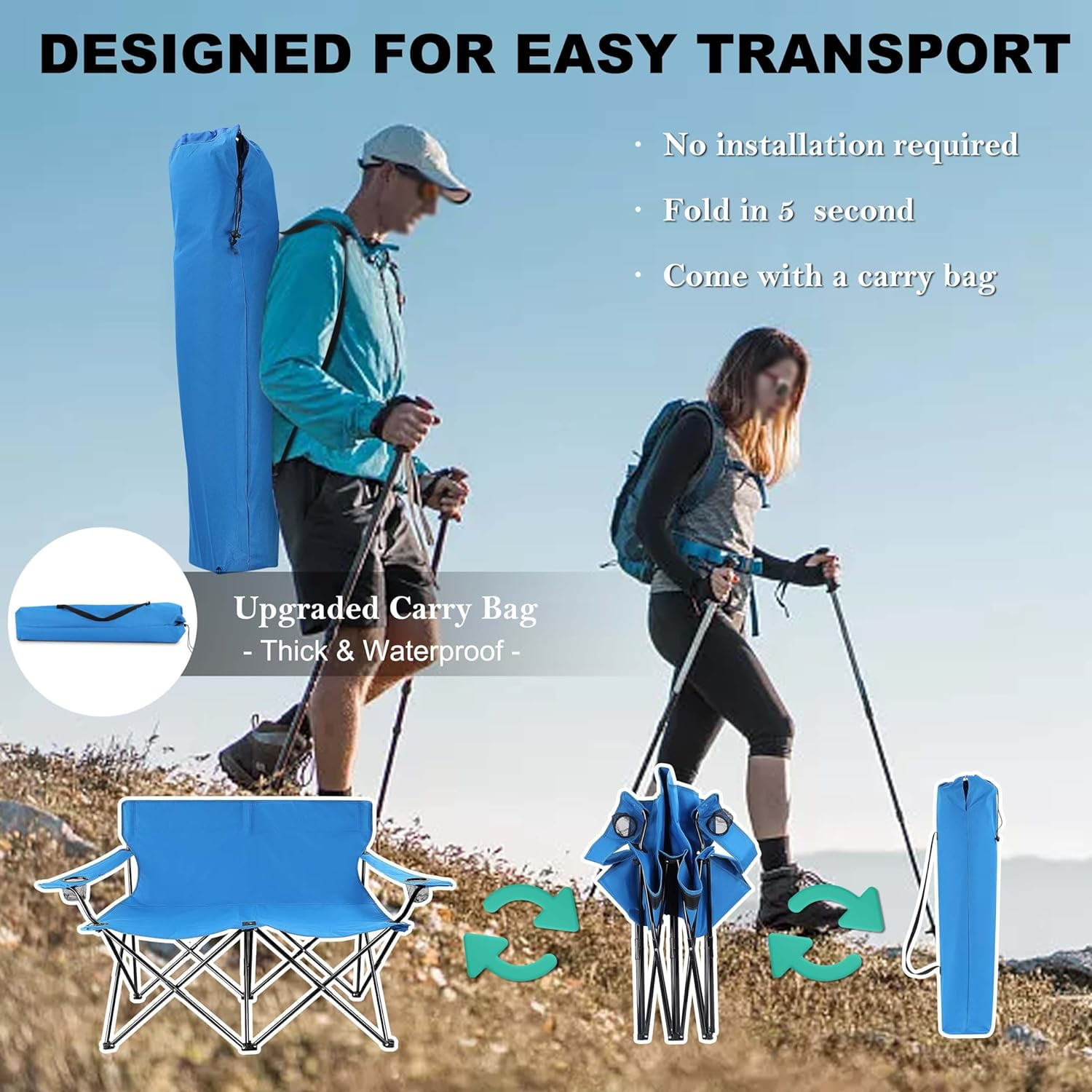 Double Camping Chair, Outdoor Folding Loveseat Chair Supports 500 LBS, Portable Oversized Lawn Chair with Cup Holders for Backpacking Hiking Picnic, Sturdy Steel Frame & 600D Oxford Fabric - Image 8