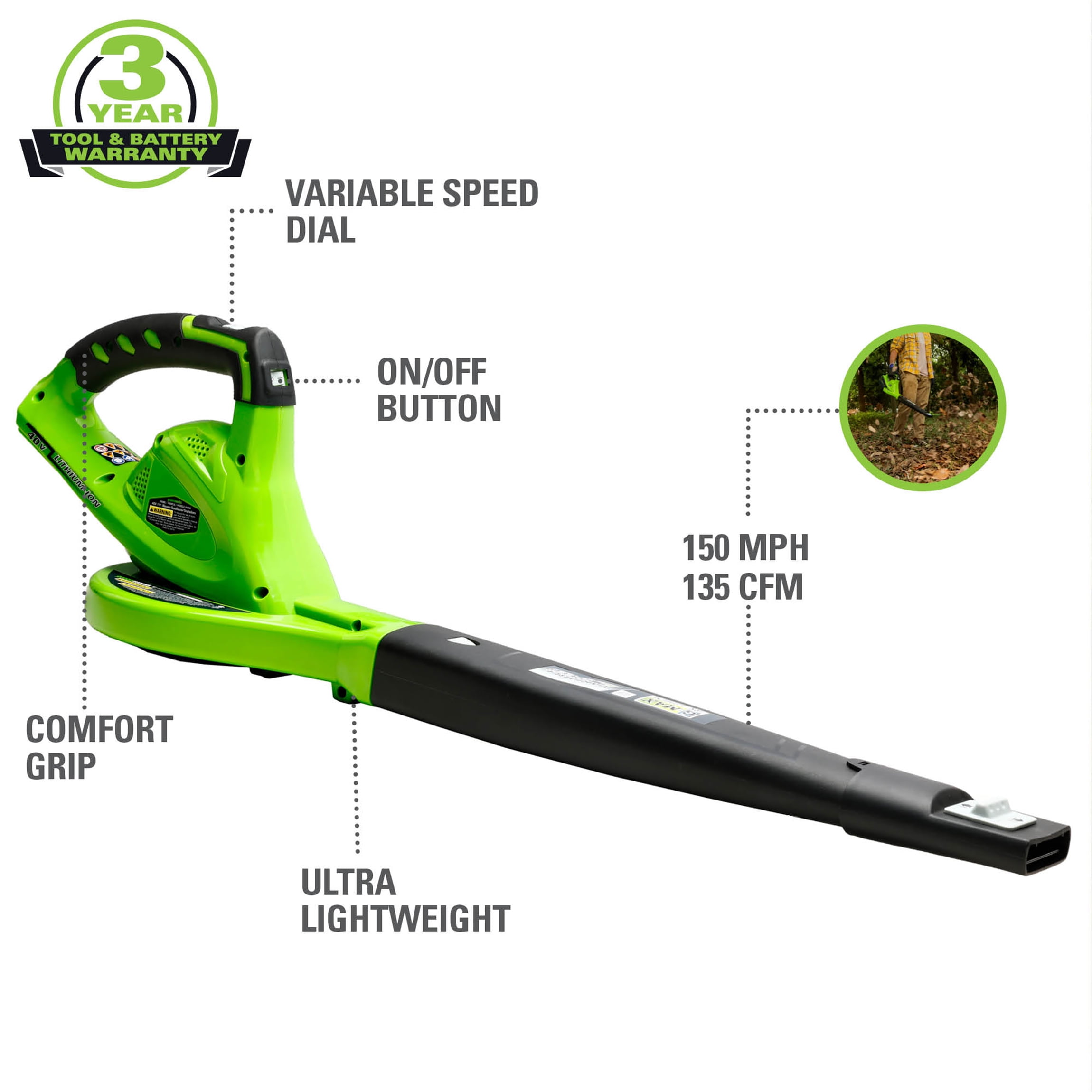 Greenworks 40V 135 CFM Cordless Leaf Blower/Sweeper, Battery Not Included 24282 - Image 3