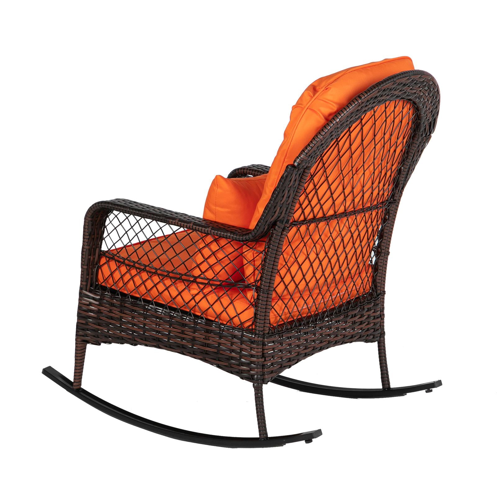 Zimtown Outdoor Wicker Rocking Chair Rattan Outdoor Patio Yard Furniture, Outdoor Rocking Chair w/ Thick Cushion, Wicker Rocker, Orange - Image 6