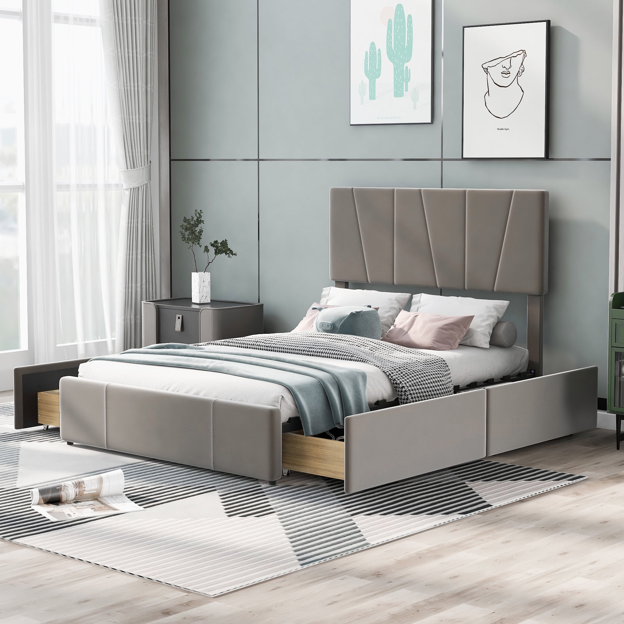 EUROCO Upholstery Full Size Platform Bed with 4 Drawers for Kids Room, Gray - Image 2