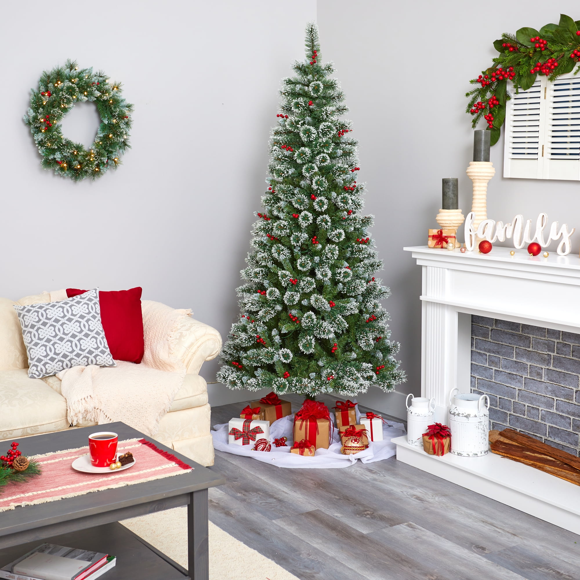 Nearly Natural 7' Green Frosted Artificial Christmas Tree with Berries Prelit 400 Clear LED Lights - Image 2