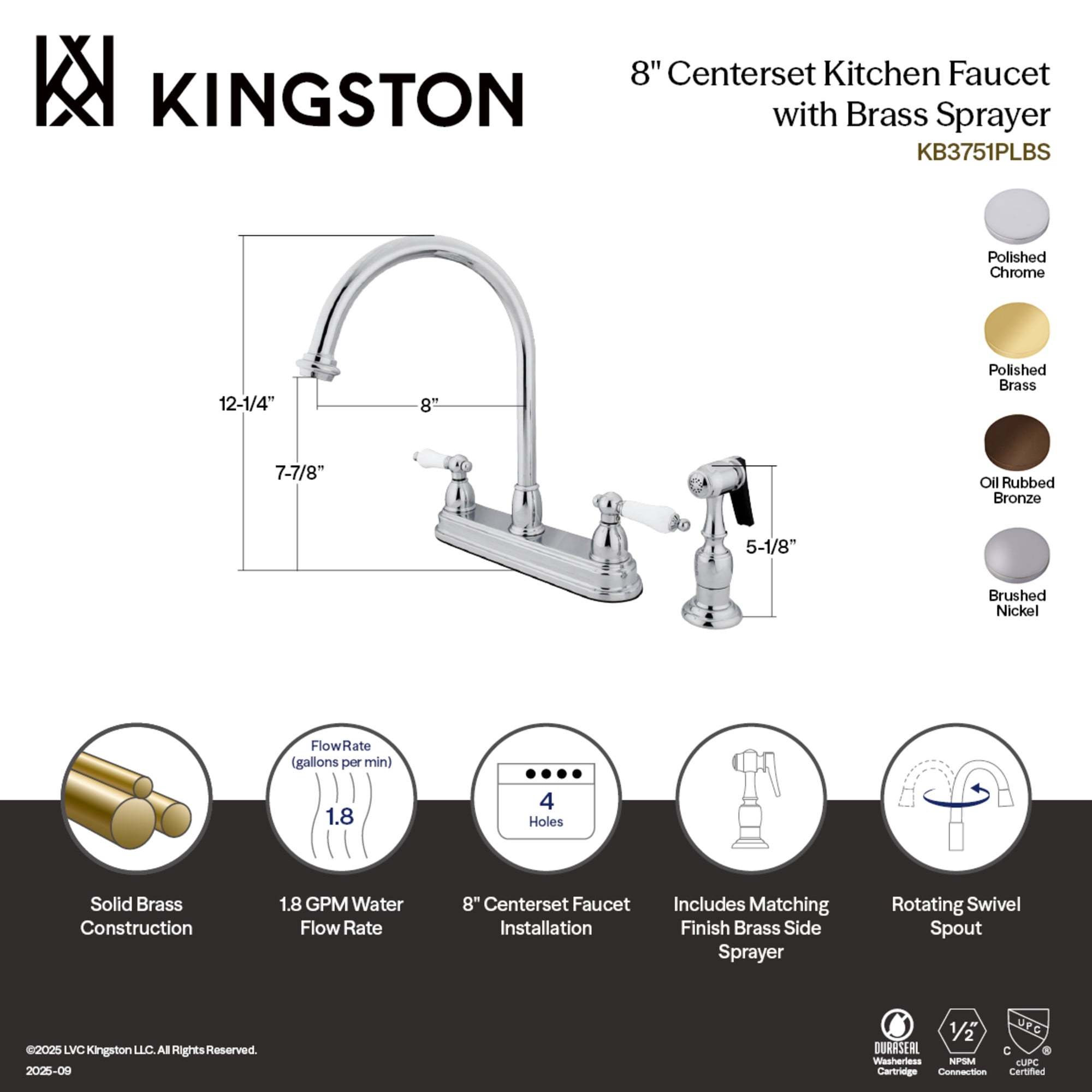 Kingston KB3751PLBS Restoration Two-Handle 4-Hole 8" Centerset Kitchen Faucet with Brass Sprayer in Polished Chrome - Image 3