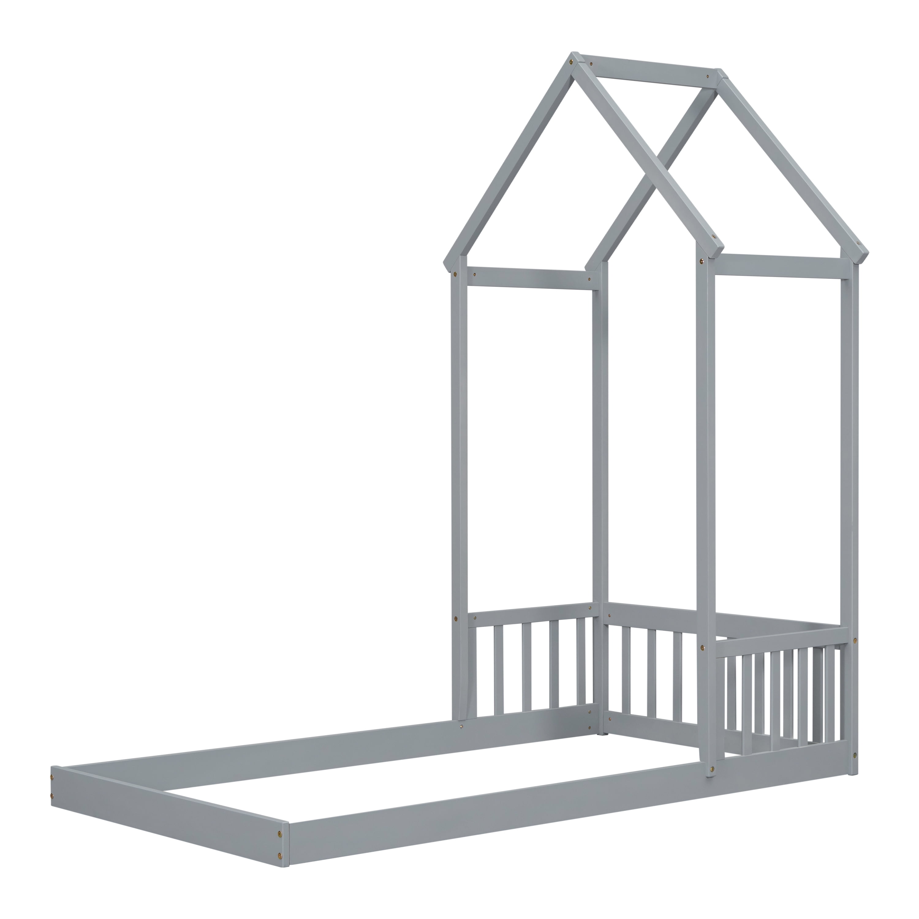 Euroco Twin Size Pine Wood Platform Bed, House Floor Bed for Kids, Gray - Image 12