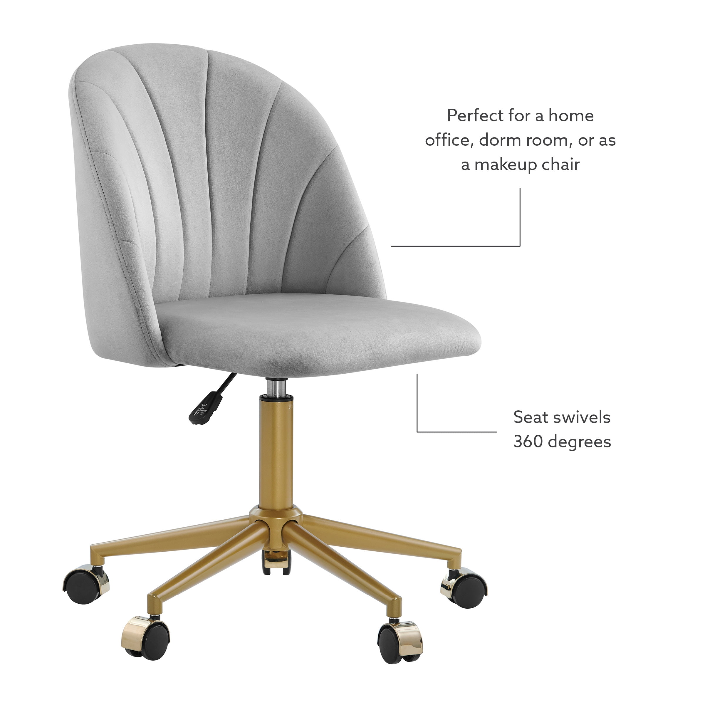 Linon Alondra Mid Back Velvet Office Chair with Adjustable Height and Swivel, Gold/Gray - Image 10