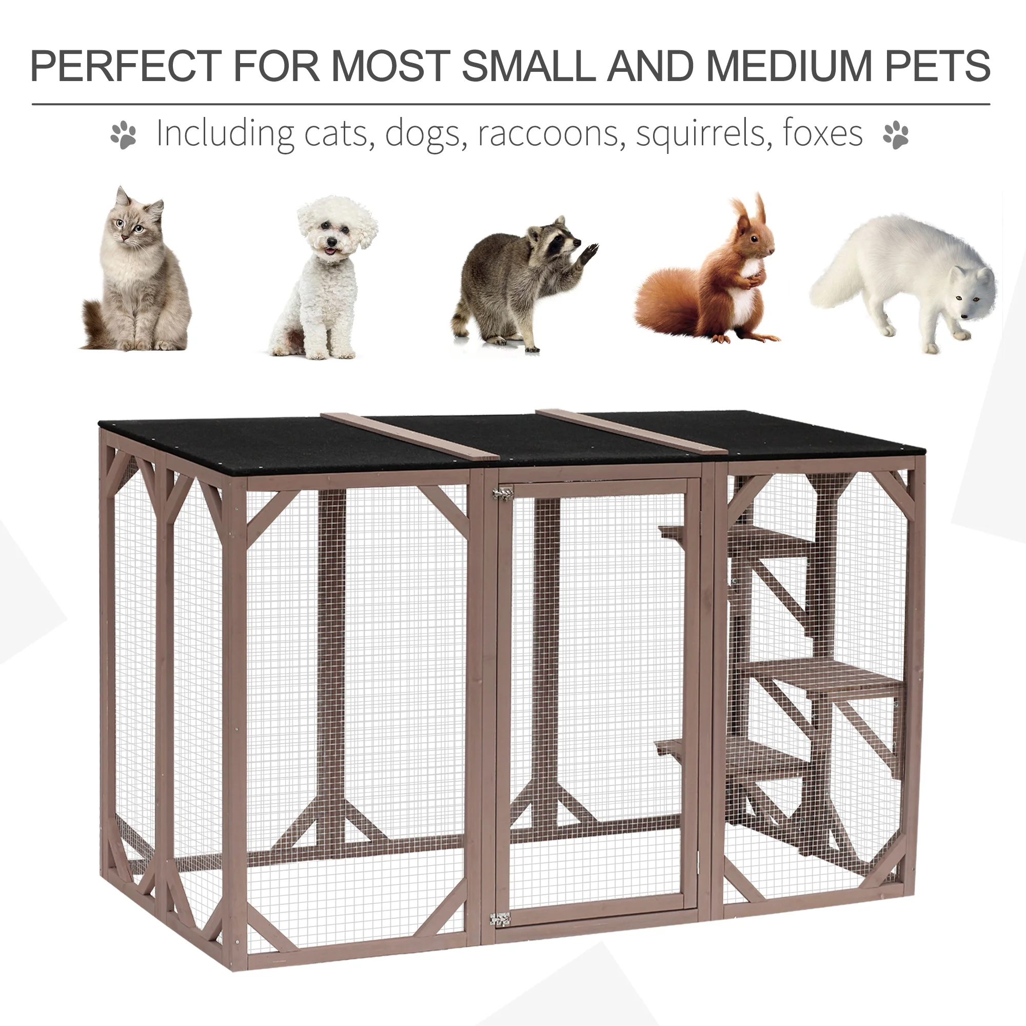 PawHut Wooden Outdoor Cat House Catio Kitten Enclosure Indoor Cage with Asphalt Roof, Multi-Level Platforms and Large Enter Door - 71"L, Brown - Image 3