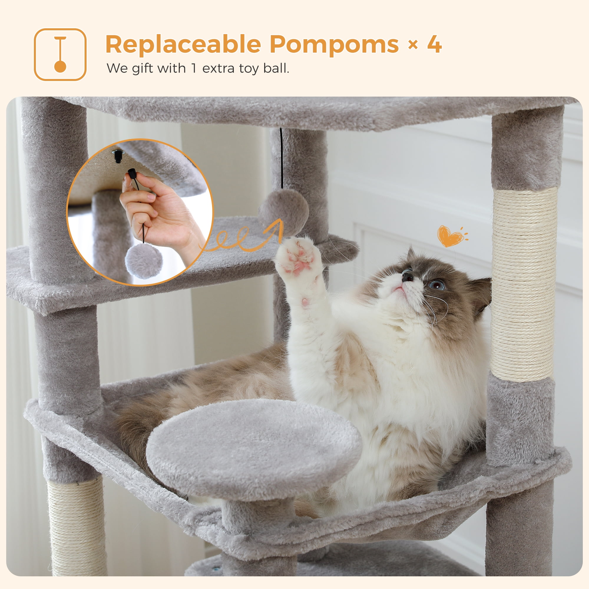 PAWZ Road 73"Cat Tree for Large Cats Multi Level Play Tower Condo 7 Sisal Cat Scratching Posts Gray - Image 10